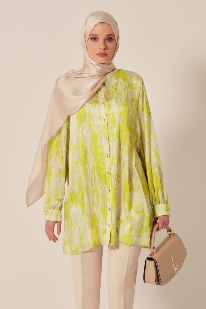 Hijab-Kleidung GRÜN GEMUSTERTE SATIN-TUNIKA 45429 - ALVİNA