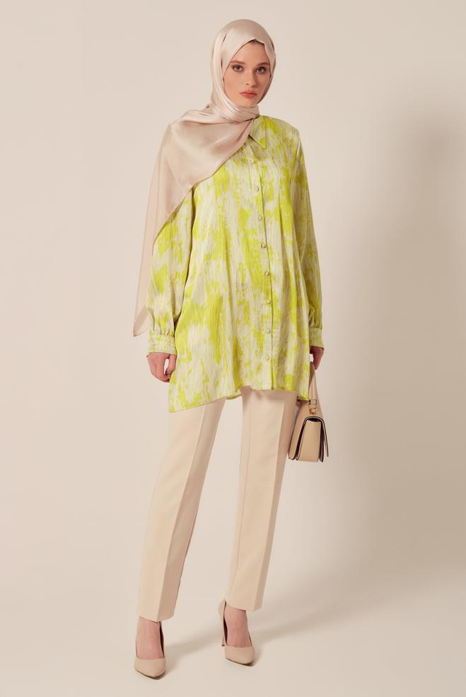 Hijab-Kleidung GRÜN GEMUSTERTE SATIN-TUNIKA 45429 - ALVİNA