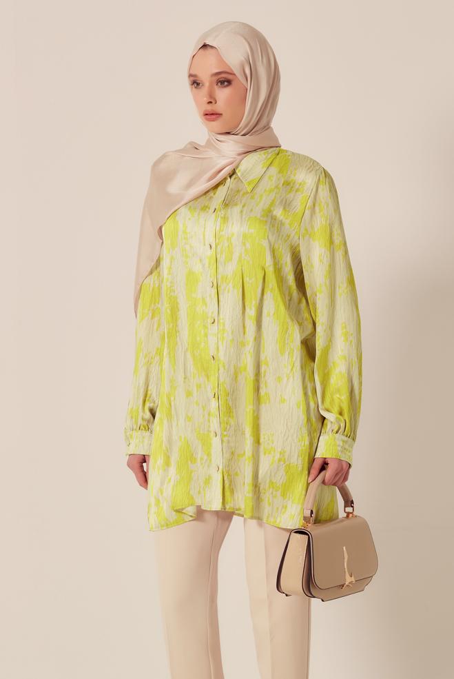 Hijab-Kleidung GRÜN GEMUSTERTE SATIN-TUNIKA 45429 - ALVİNA