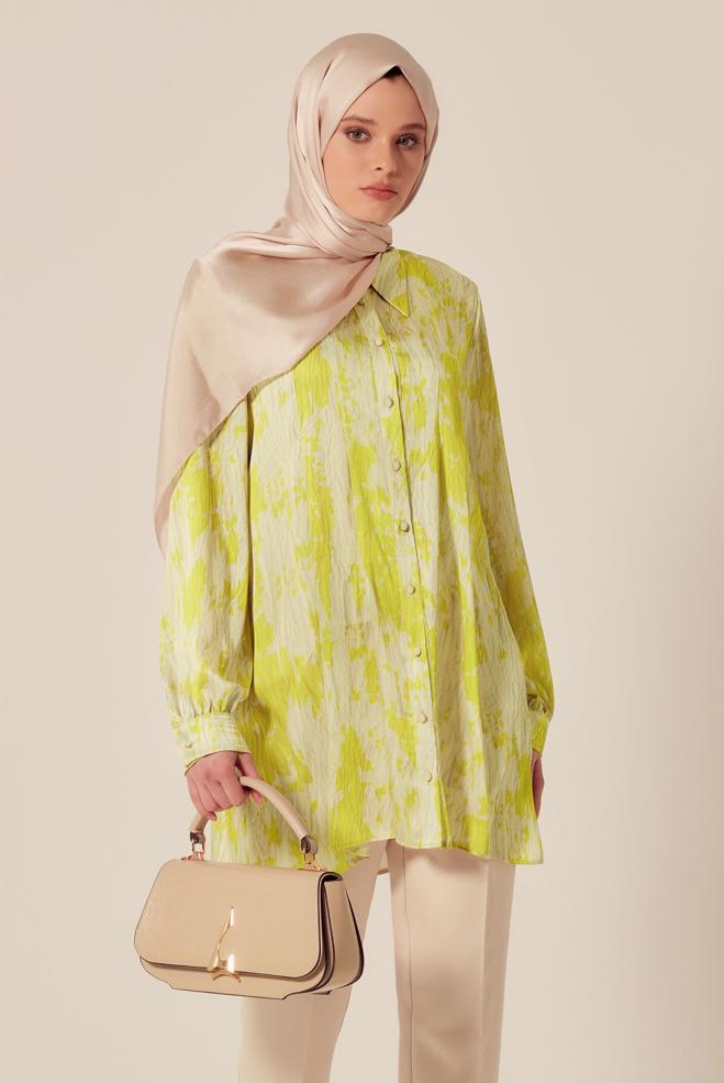 Hijab-Kleidung GRÜN GEMUSTERTE SATIN-TUNIKA 45429 - ALVİNA
