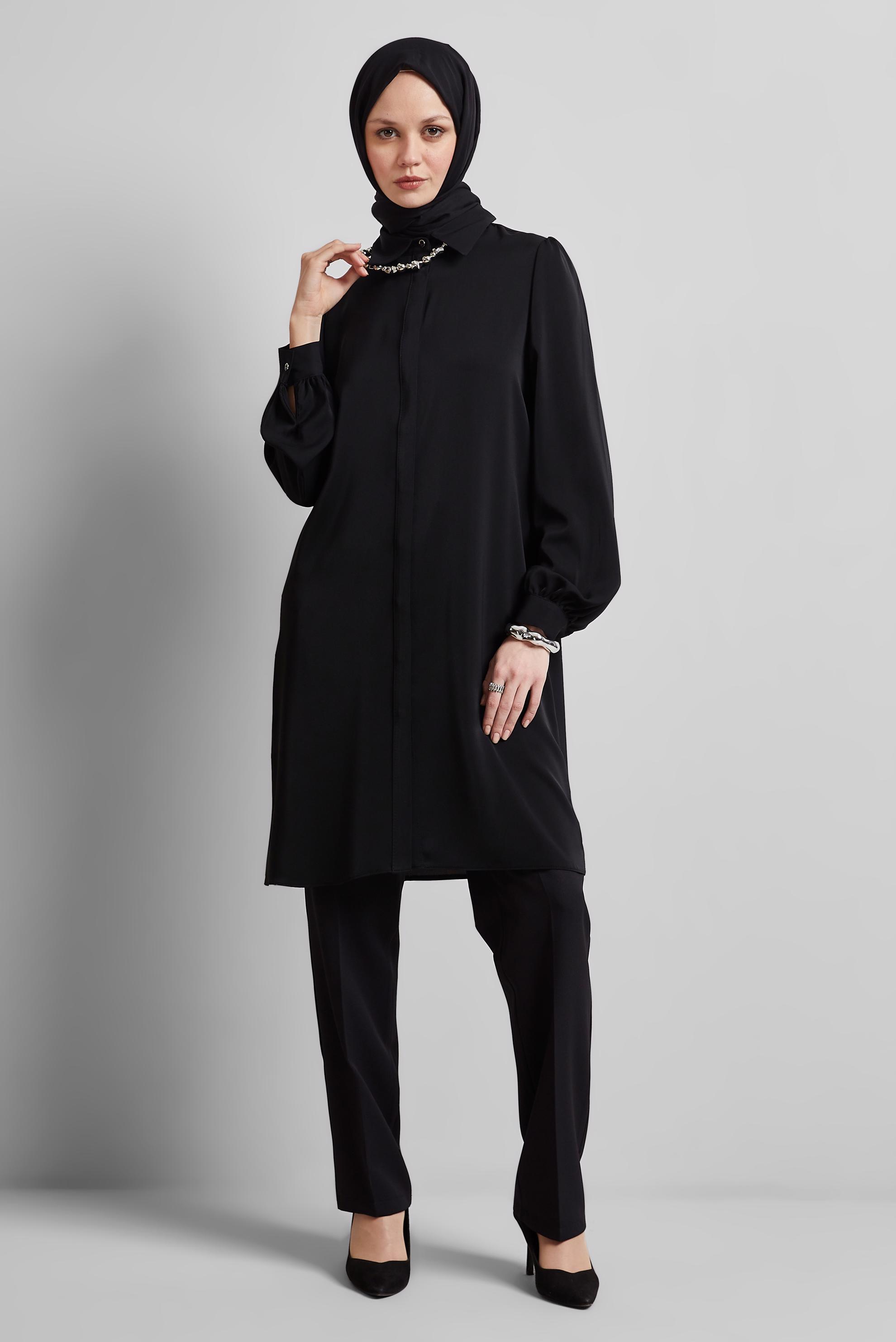 Tesettür giyim SİYAH GÖMLEK YAKA TUNİK 45437