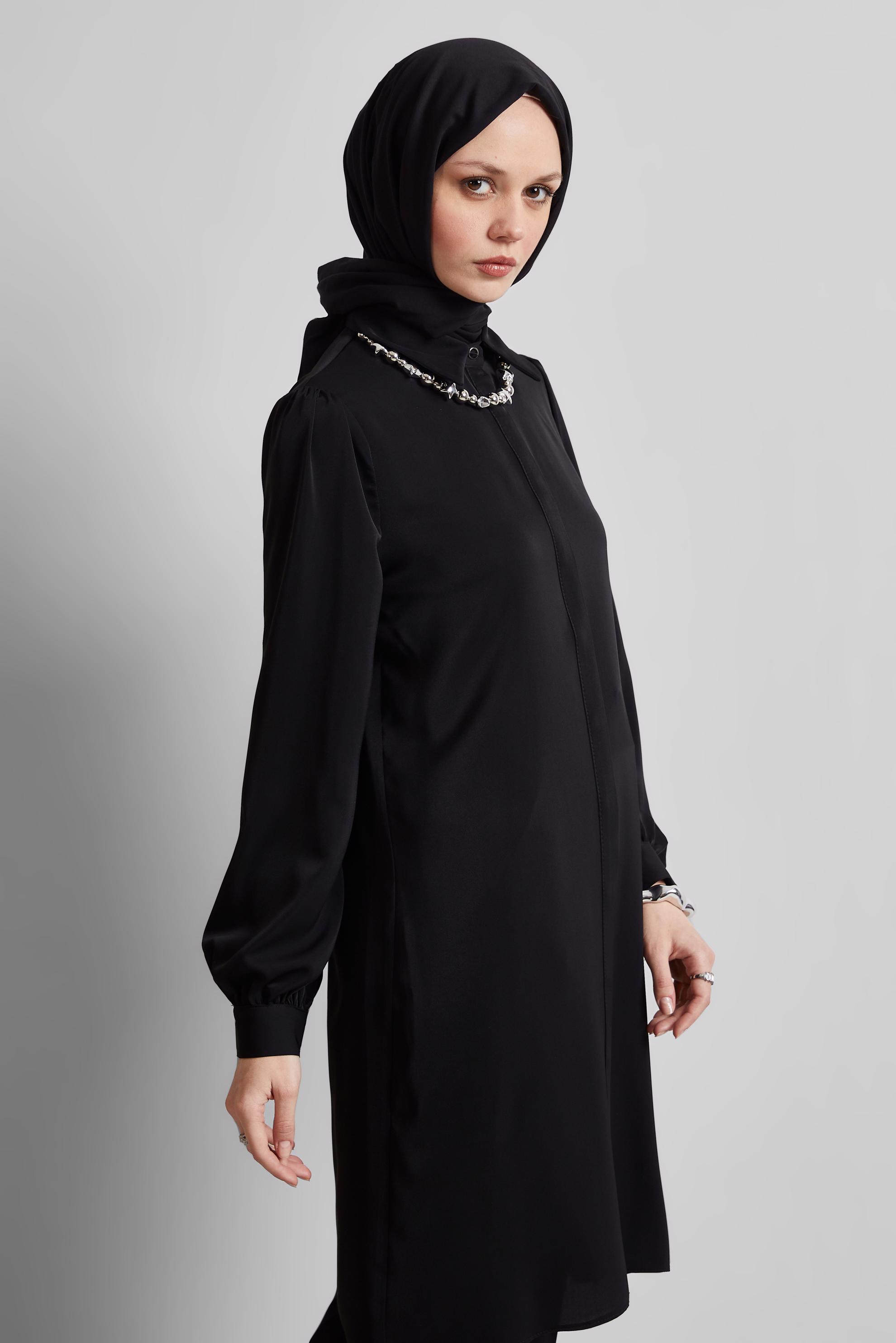 Tesettür giyim SİYAH GÖMLEK YAKA TUNİK 45437