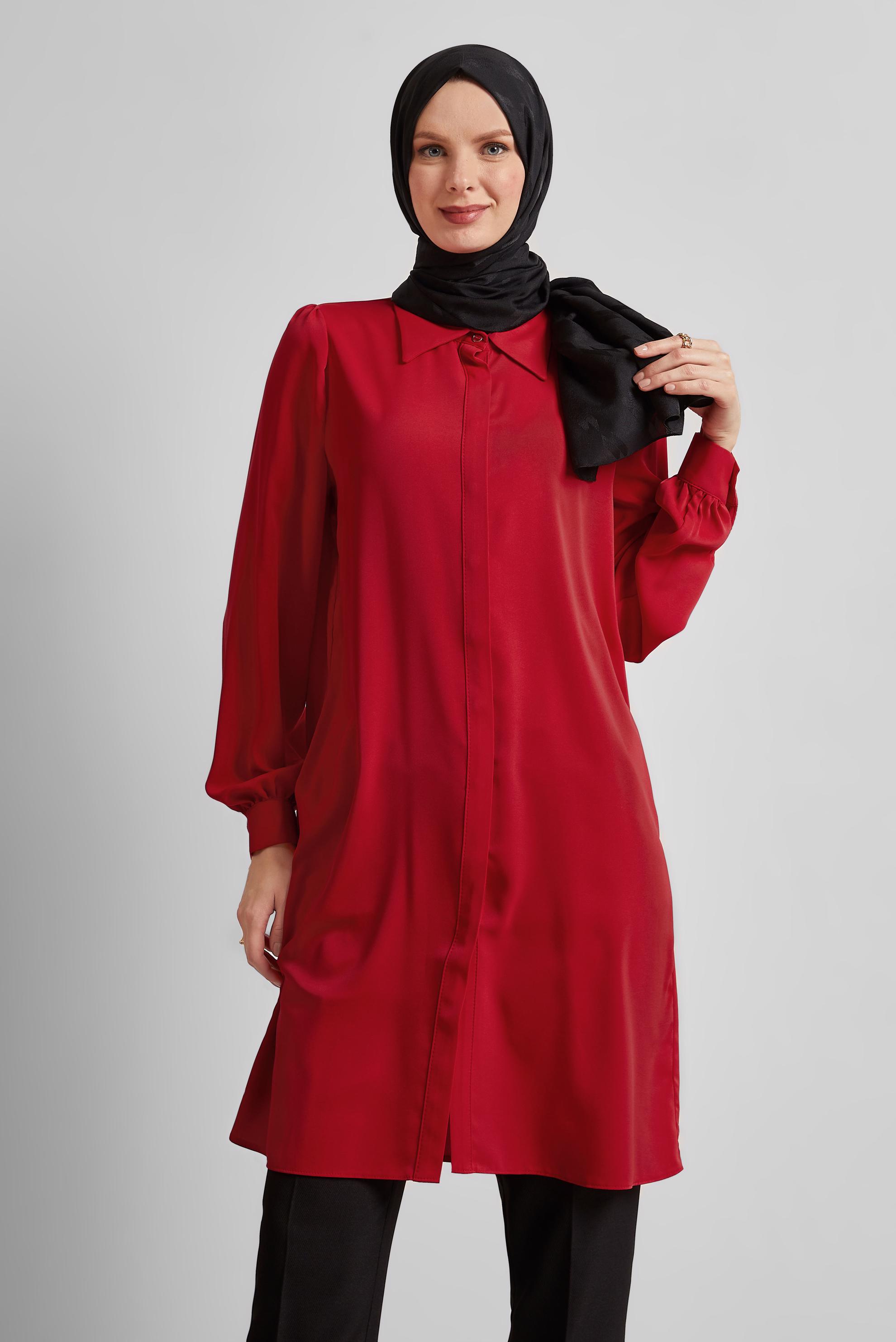 Tesettür giyim KIRMIZI GÖMLEK YAKA TUNİK 45437