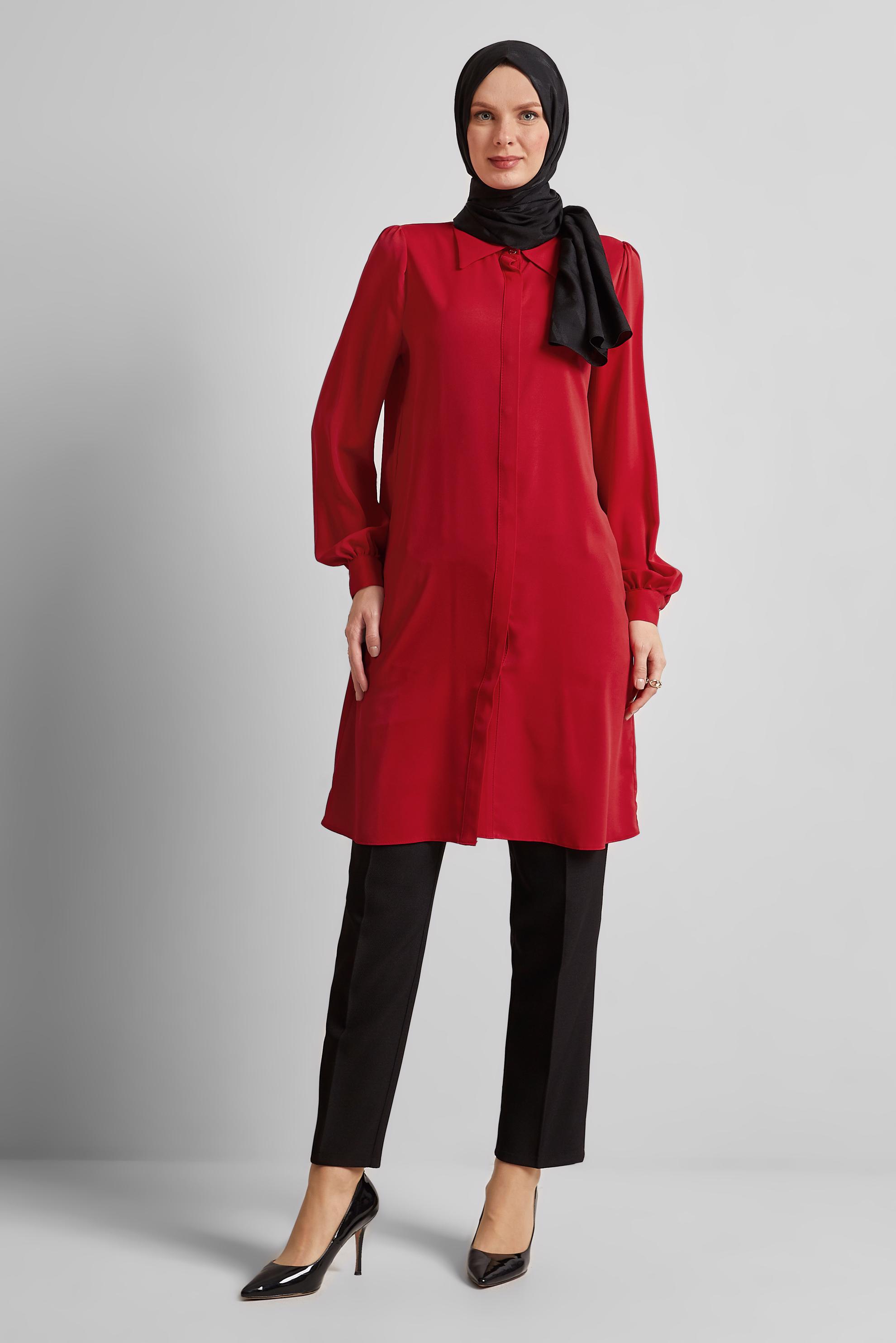 Tesettür giyim KIRMIZI GÖMLEK YAKA TUNİK 45437