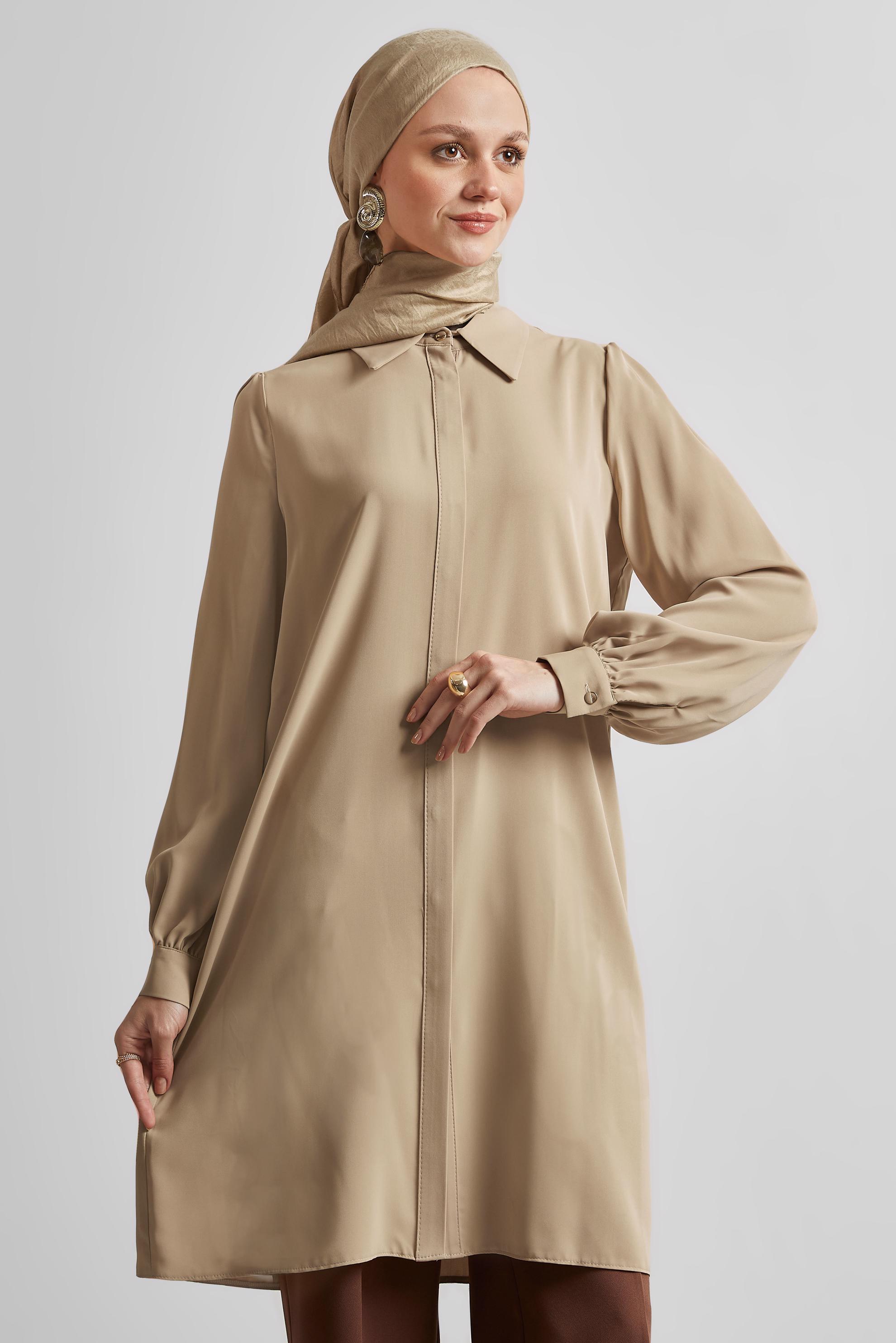 Tesettür giyim KAHVE GÖMLEK YAKA TUNİK 45437