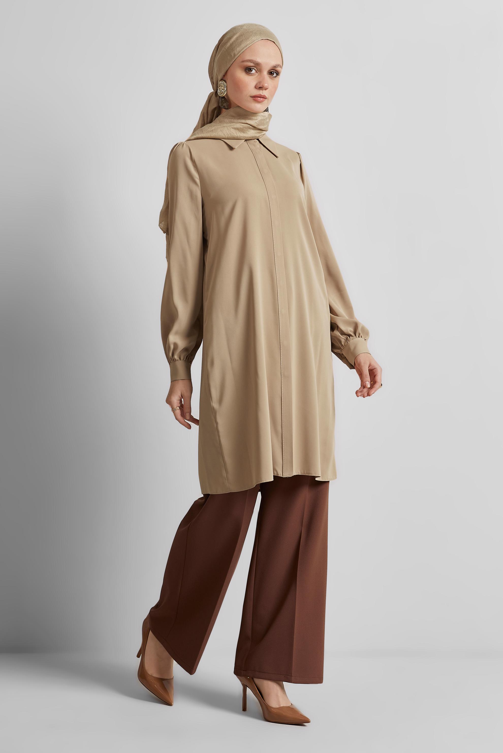 Tesettür giyim KAHVE GÖMLEK YAKA TUNİK 45437