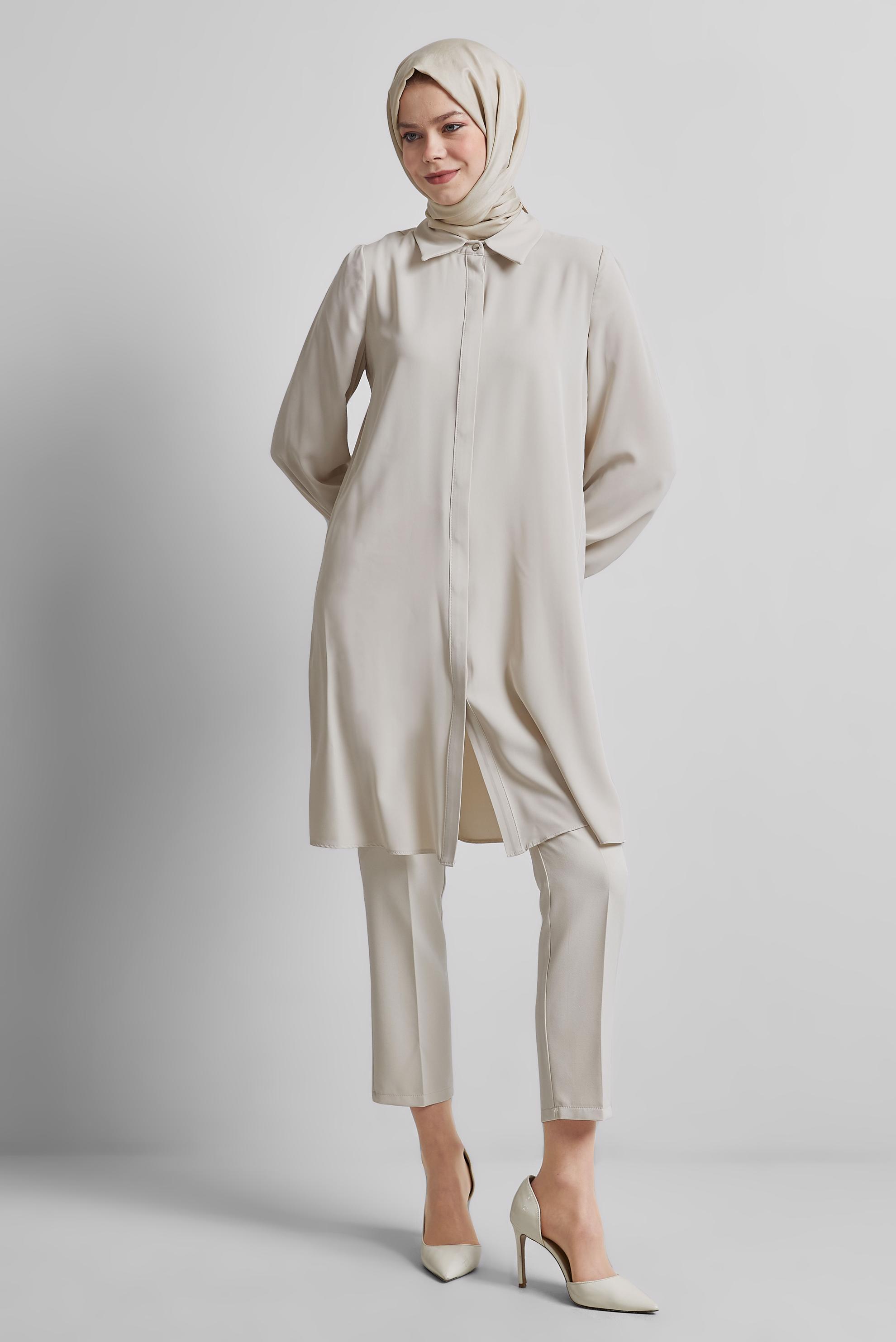 Tesettür giyim BEJ GÖMLEK YAKA TUNİK 45437
