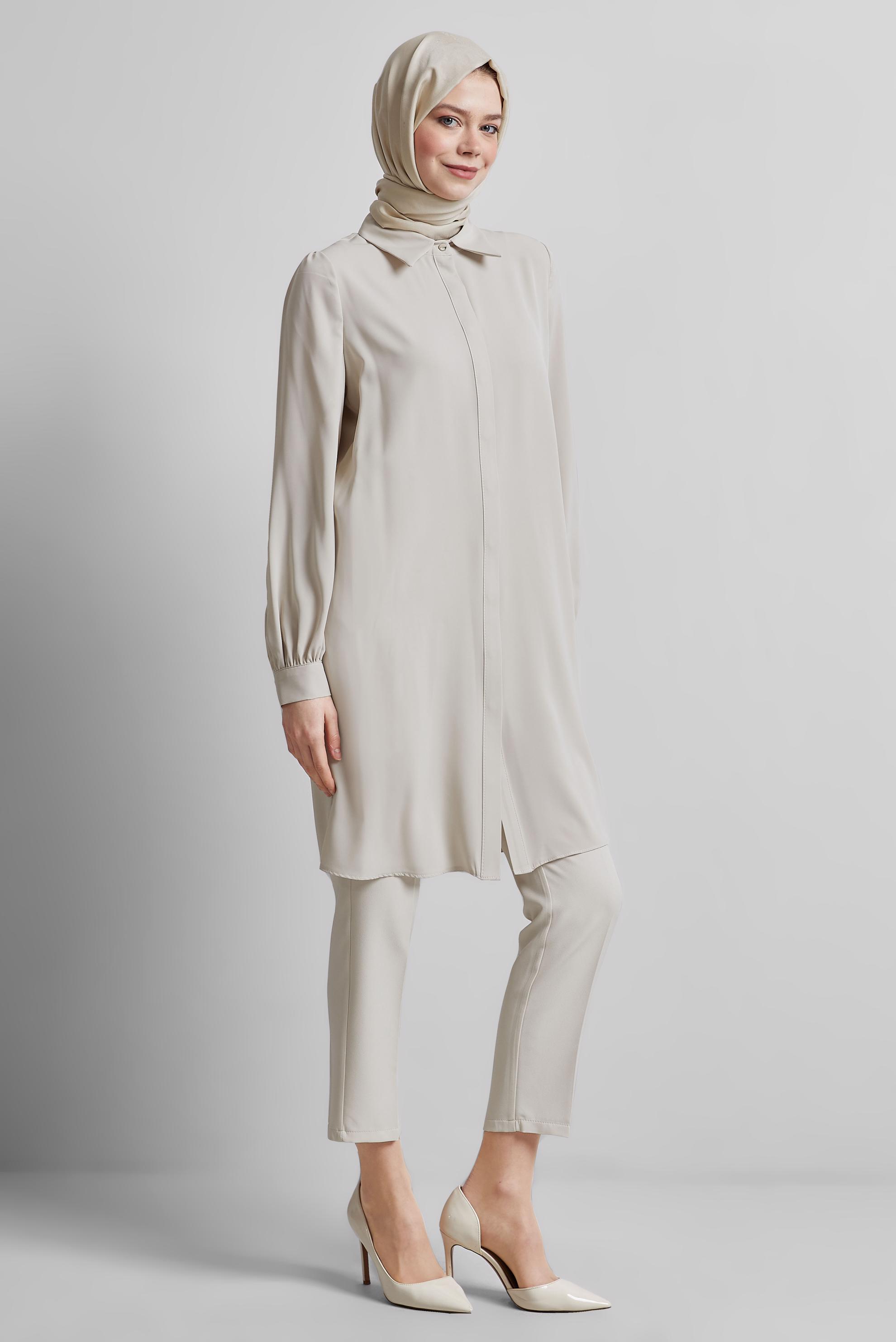 Tesettür giyim BEJ GÖMLEK YAKA TUNİK 45437