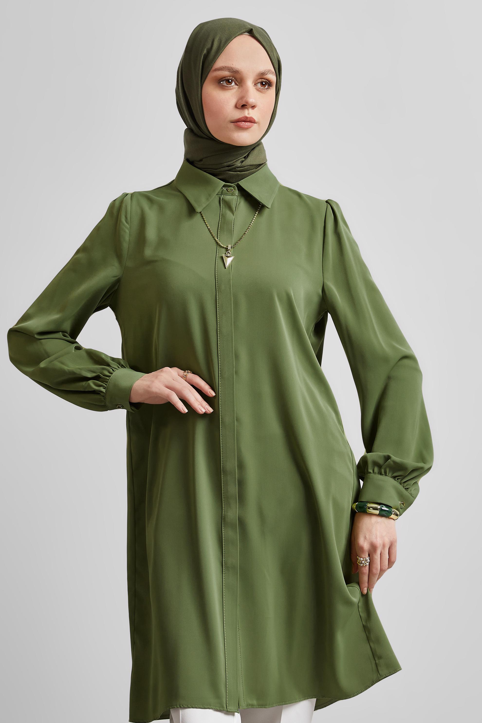 Tesettür giyim YEŞİL GÖMLEK YAKA TUNİK 45437