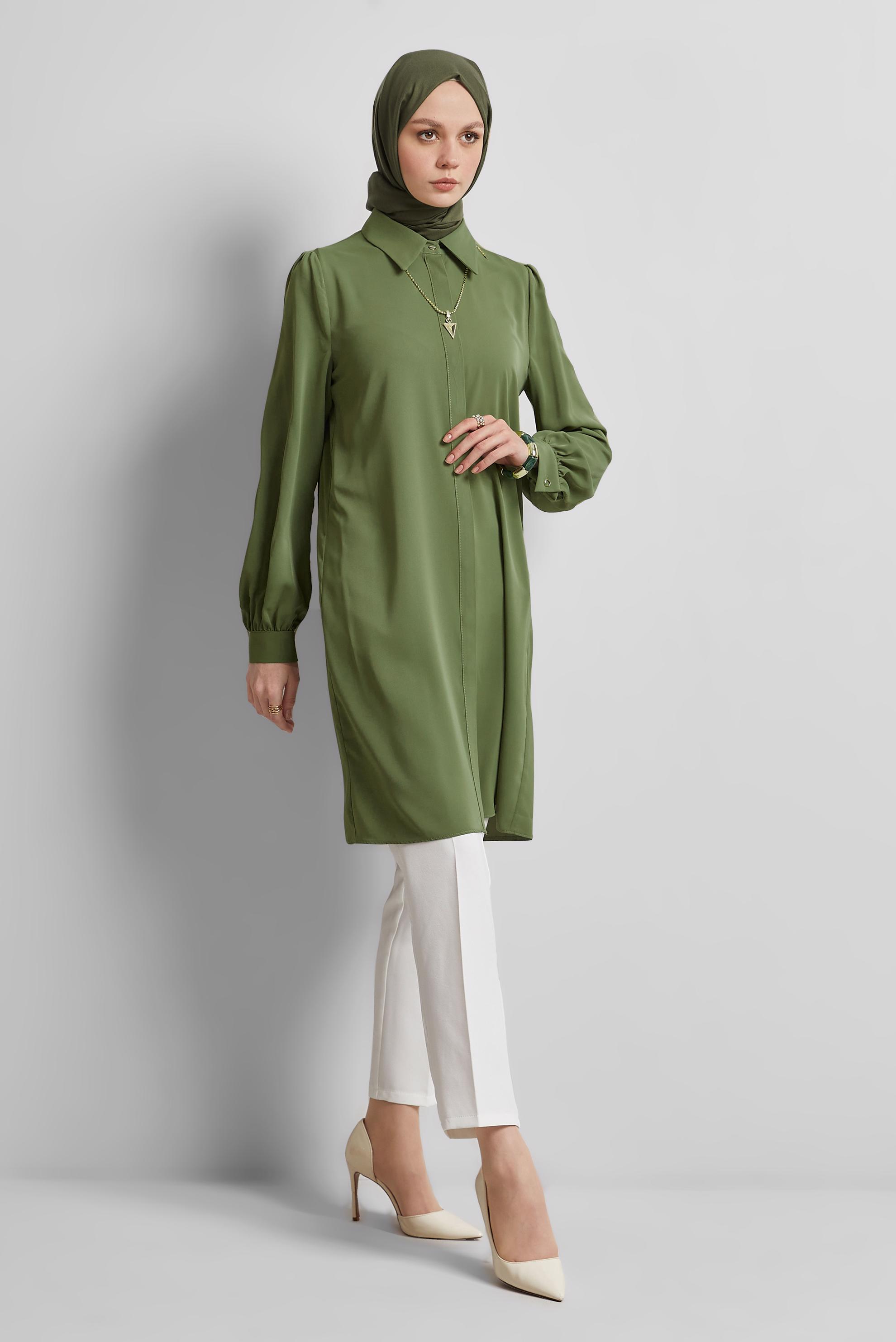 Tesettür giyim YEŞİL GÖMLEK YAKA TUNİK 45437