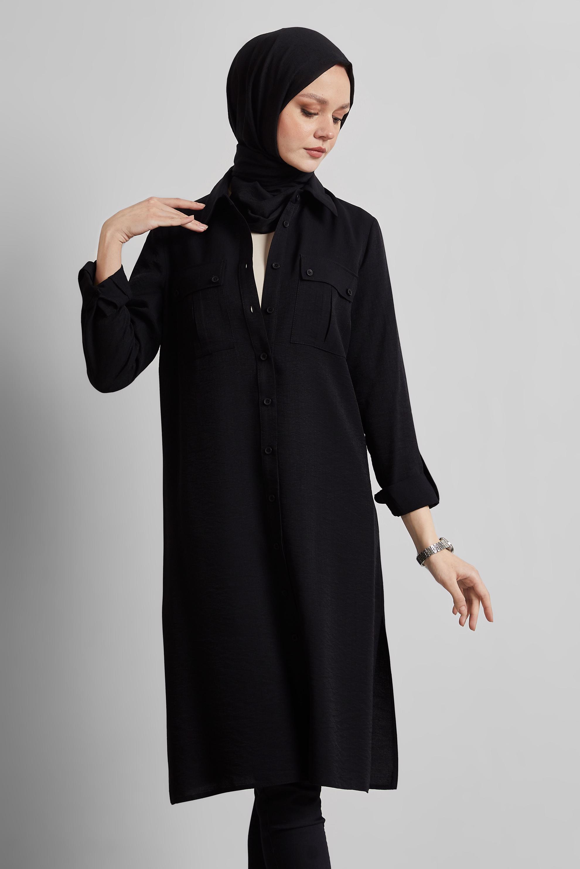 Tesettür giyim SİYAH GÖMLEK YAKA TUNİK 45438