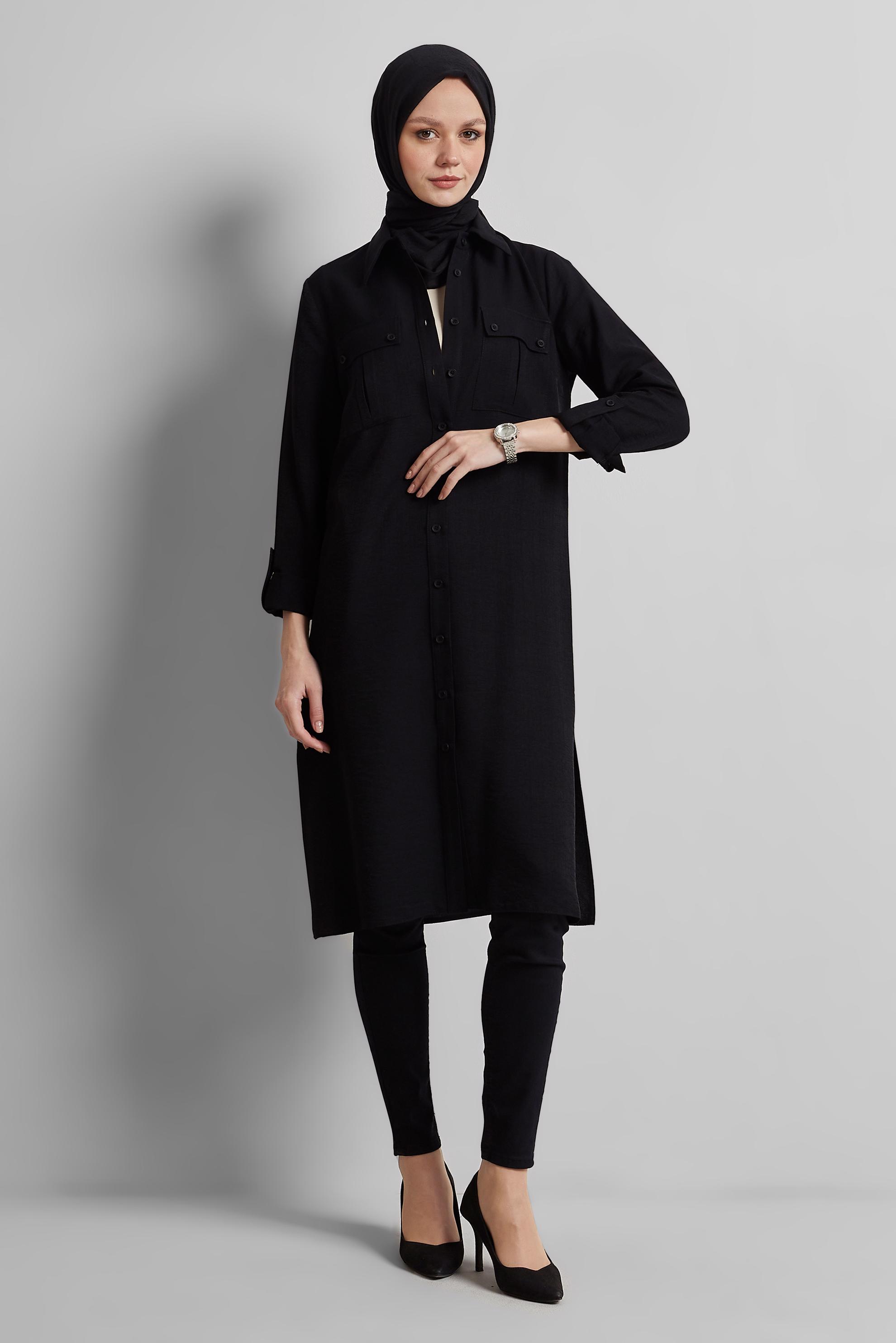Tesettür giyim SİYAH GÖMLEK YAKA TUNİK 45438
