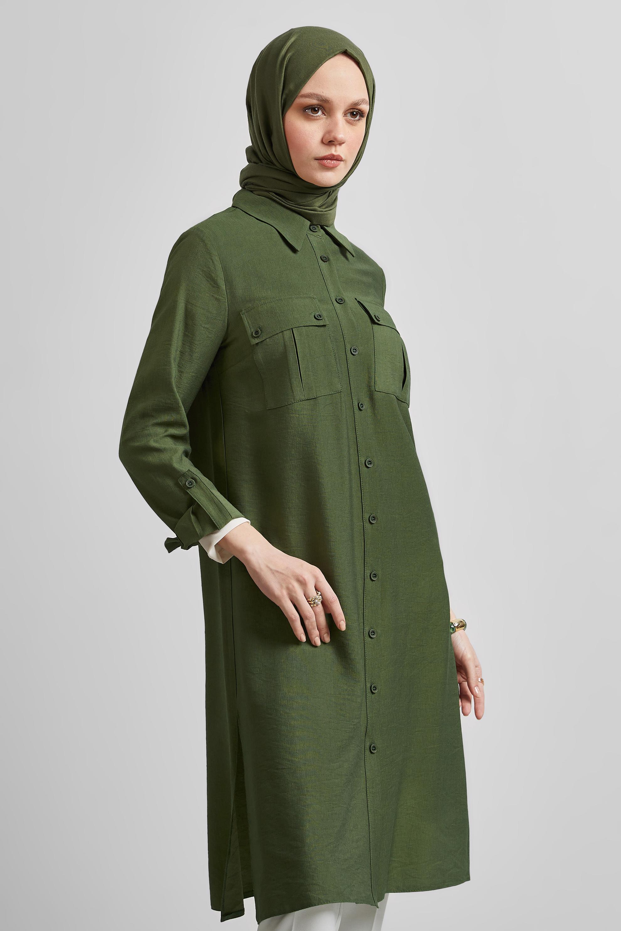 Tesettür giyim HAKİ GÖMLEK YAKA TUNİK 45438