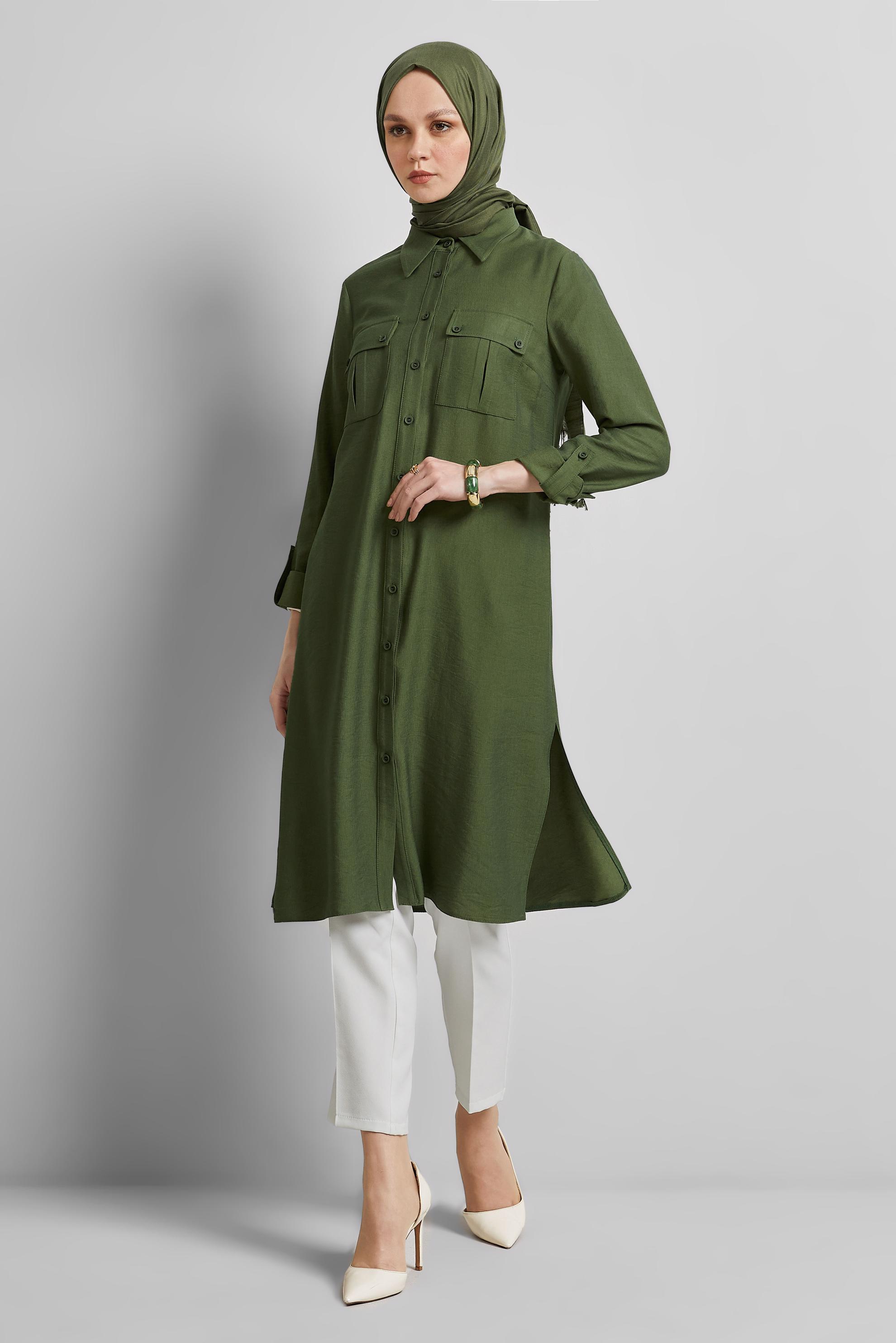 Tesettür giyim HAKİ GÖMLEK YAKA TUNİK 45438