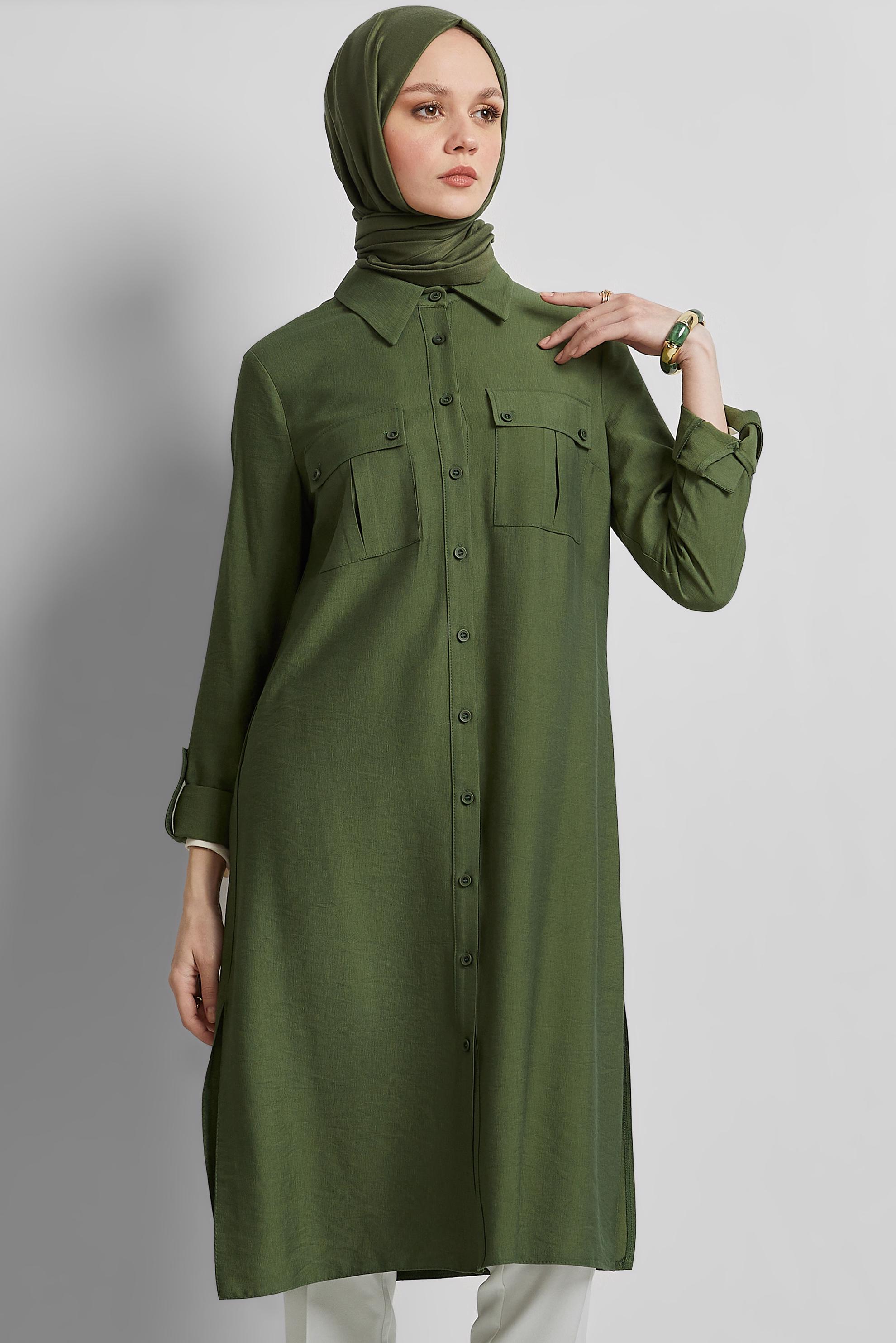 Tesettür giyim HAKİ GÖMLEK YAKA TUNİK 45438