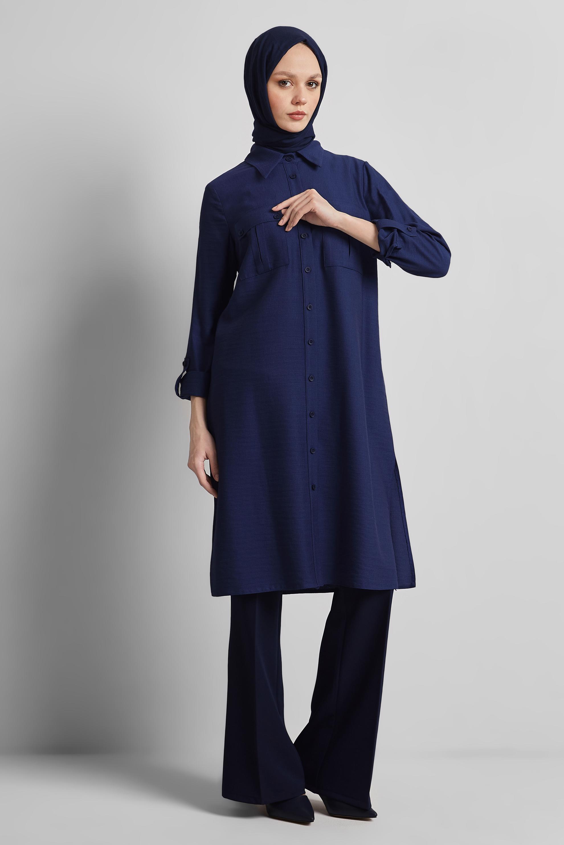 Tesettür giyim LACİVERT GÖMLEK YAKA TUNİK 45438