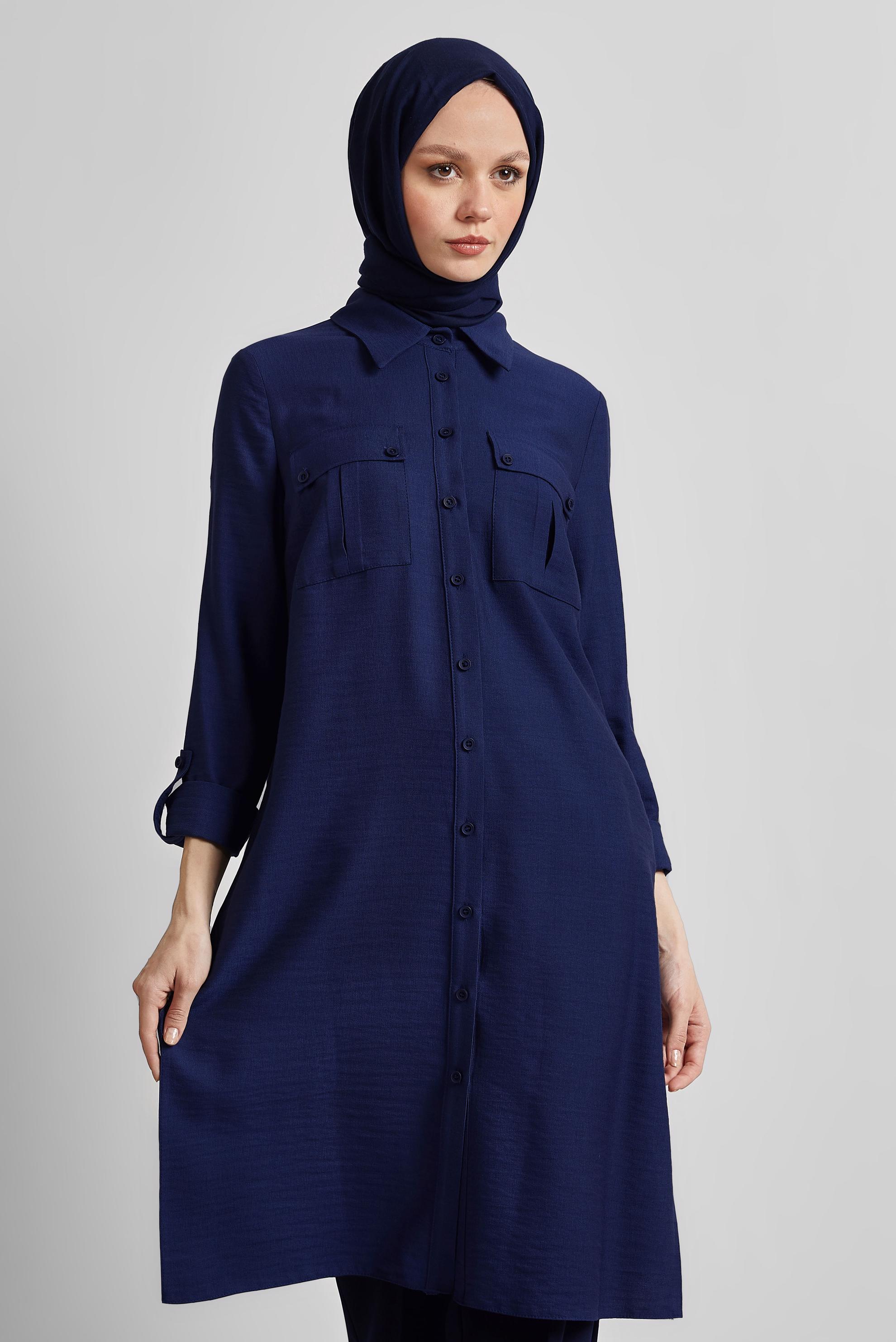 Tesettür giyim LACİVERT GÖMLEK YAKA TUNİK 45438