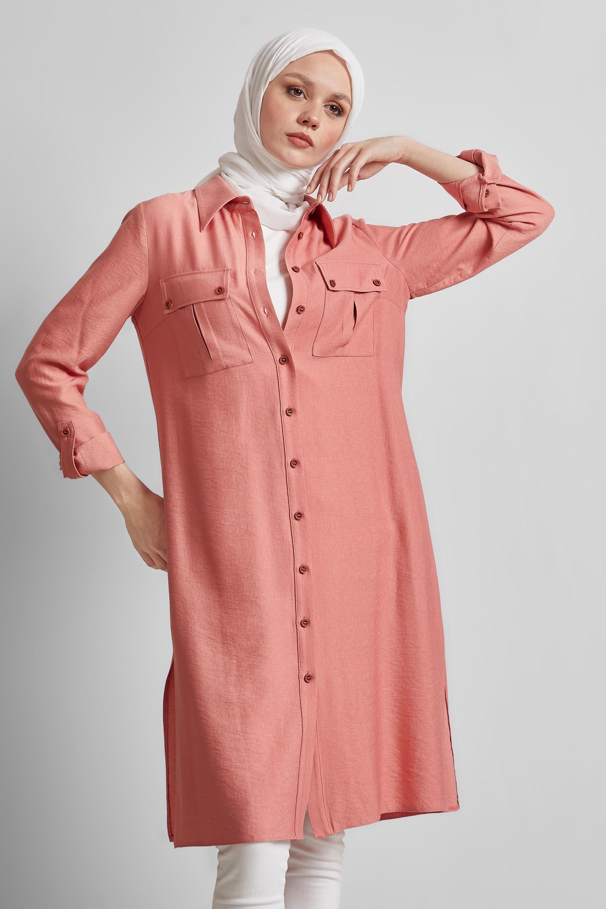 Tesettür giyim MERCAN GÖMLEK YAKA TUNİK 45438