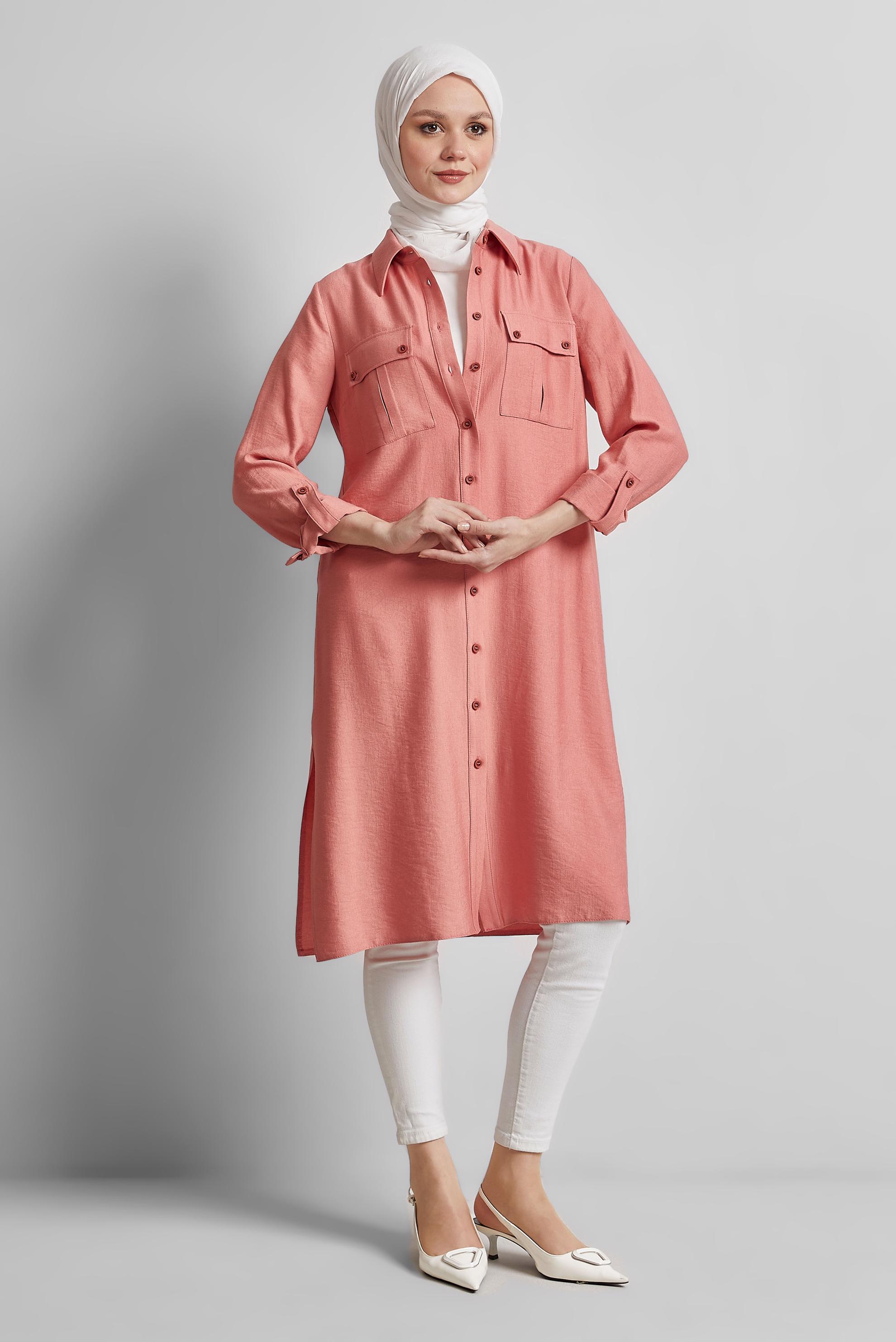 Tesettür giyim MERCAN GÖMLEK YAKA TUNİK 45438