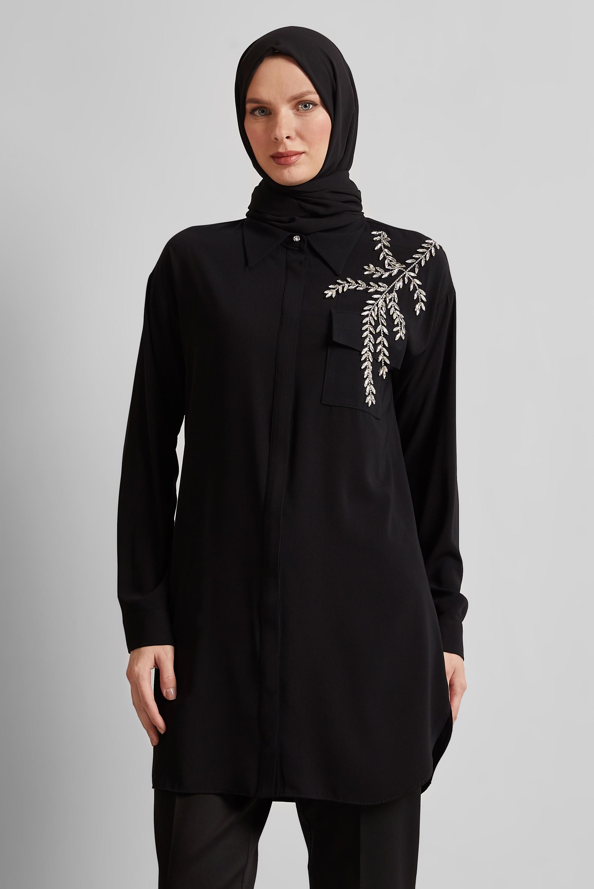 Tesettür giyim SİYAH TAŞ BASKILI TUNİK 45456