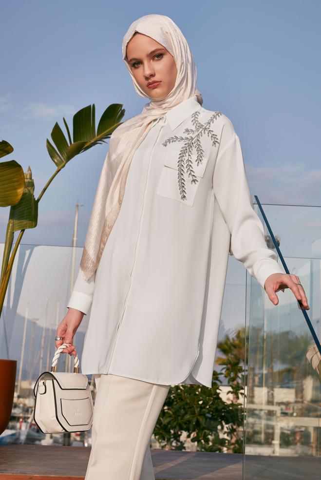 Hijab-Kleidung WEISS TUNIKA MIT JEWEILIGEN STICKEREIEN 45456 - ALVİNA