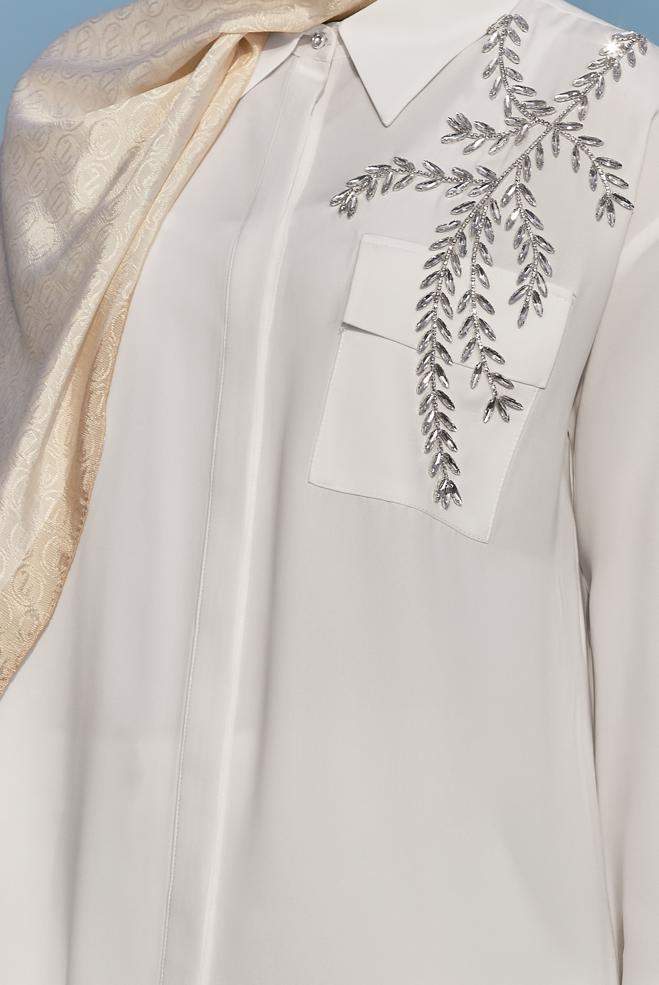 Hijab-Kleidung WEISS TUNIKA MIT JEWEILIGEN STICKEREIEN 45456 - ALVİNA