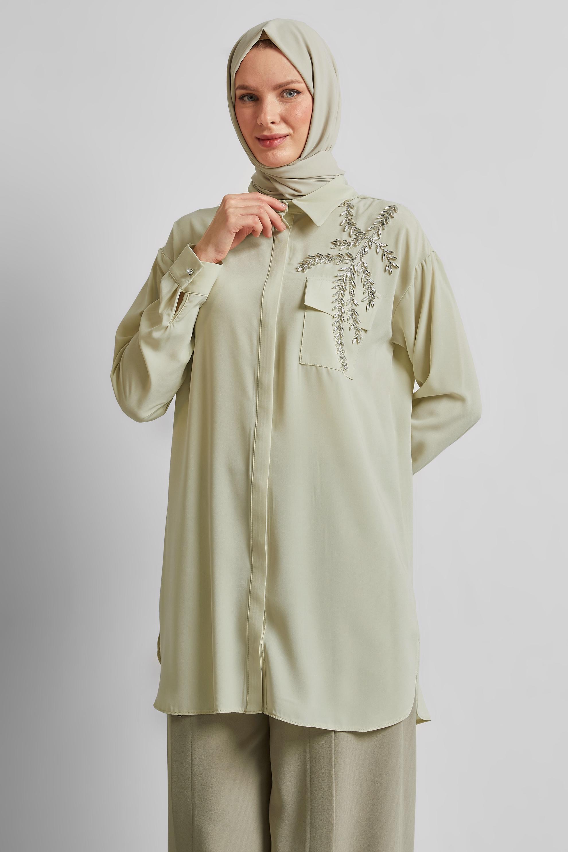 Tesettür giyim BEJ TAŞ BASKILI TUNİK 45456