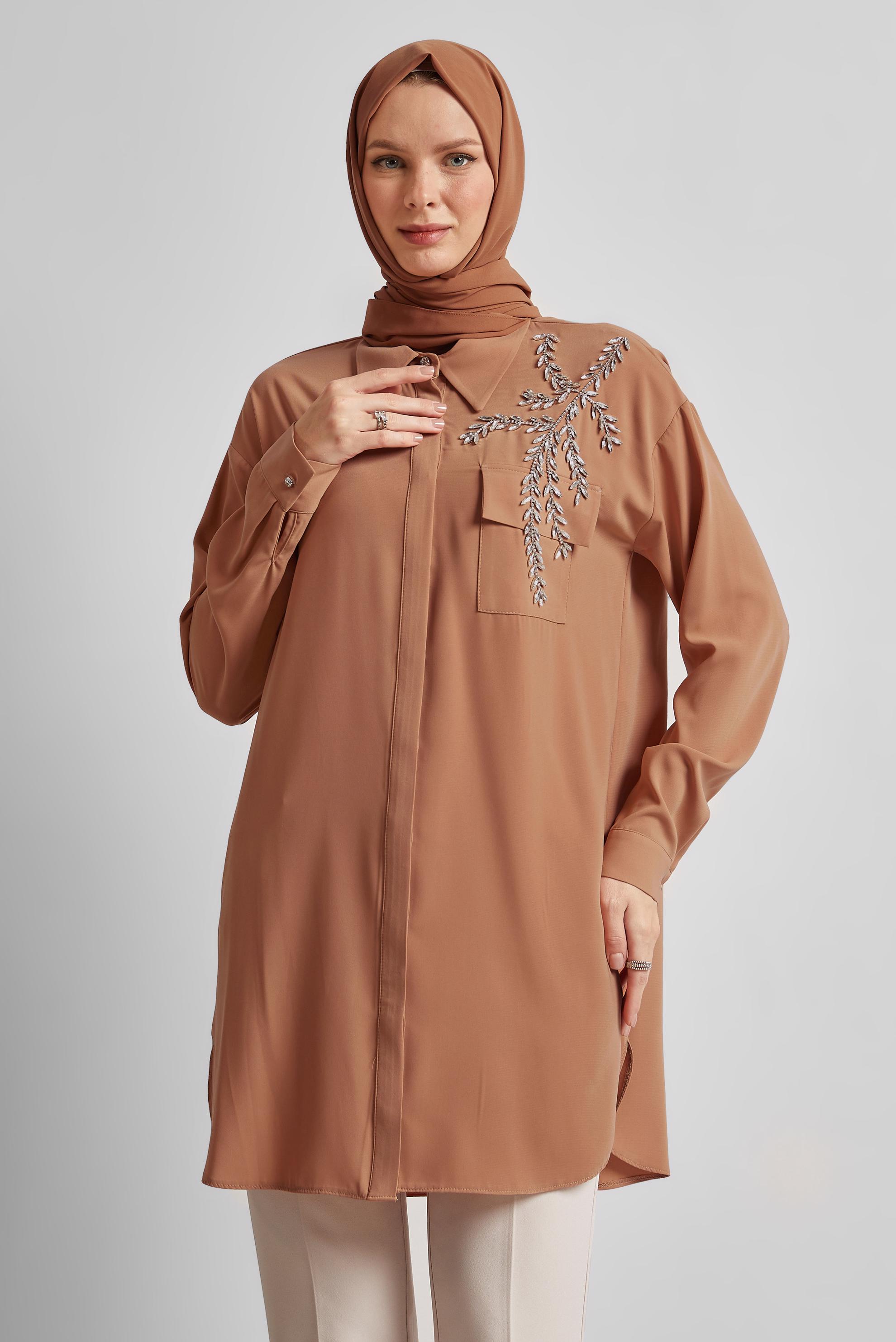 Tesettür giyim KAHVE TAŞ BASKILI TUNİK 45456