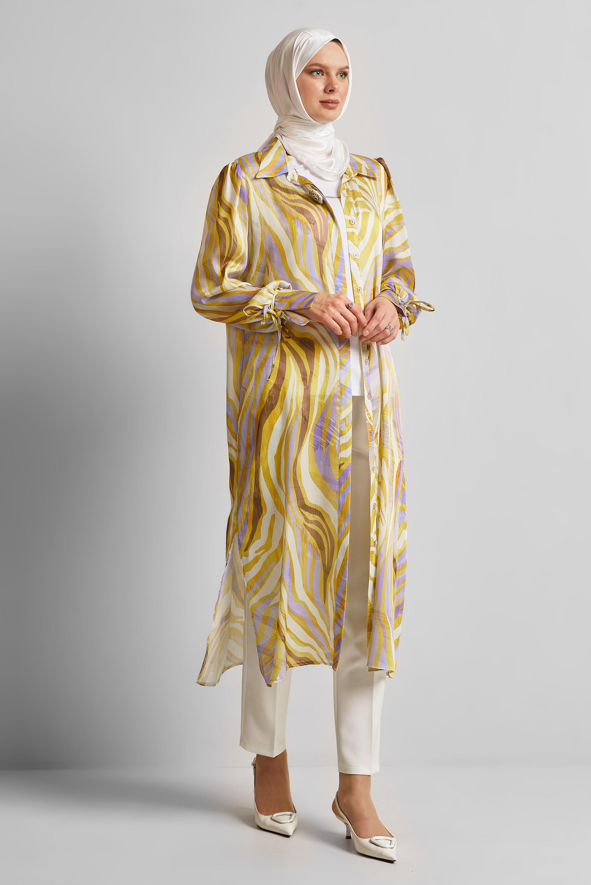 Tesettür giyim SARI UZUN SATEN TUNİK 45457