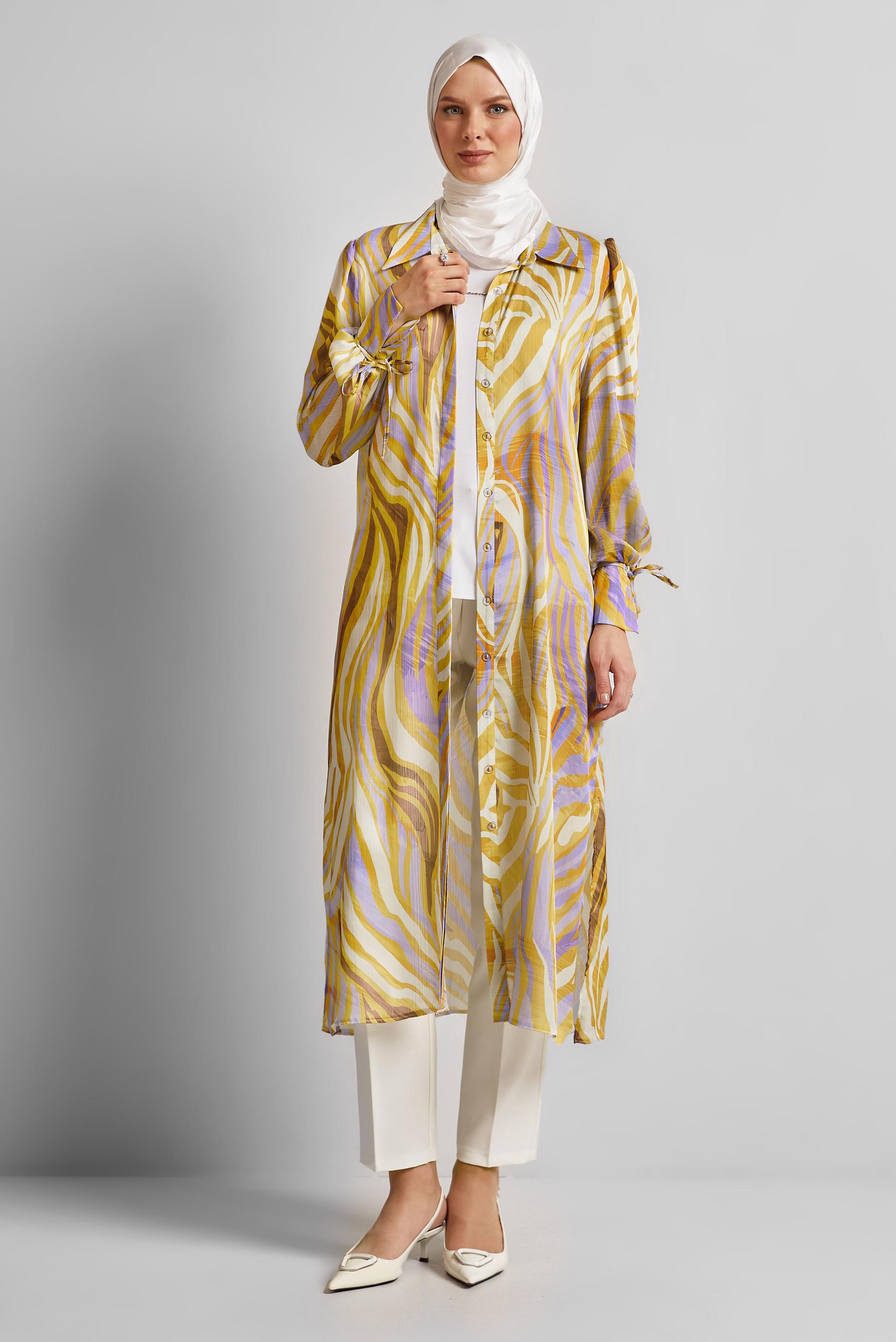 Tesettür giyim SARI UZUN SATEN TUNİK 45457