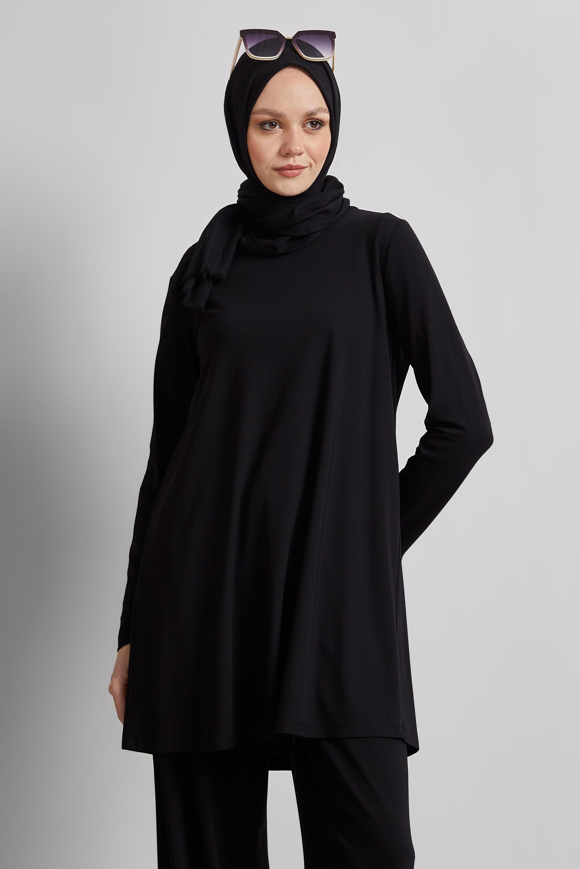 Tesettür giyim SİYAH BİSİKLET YAKA TUNİK 45480
