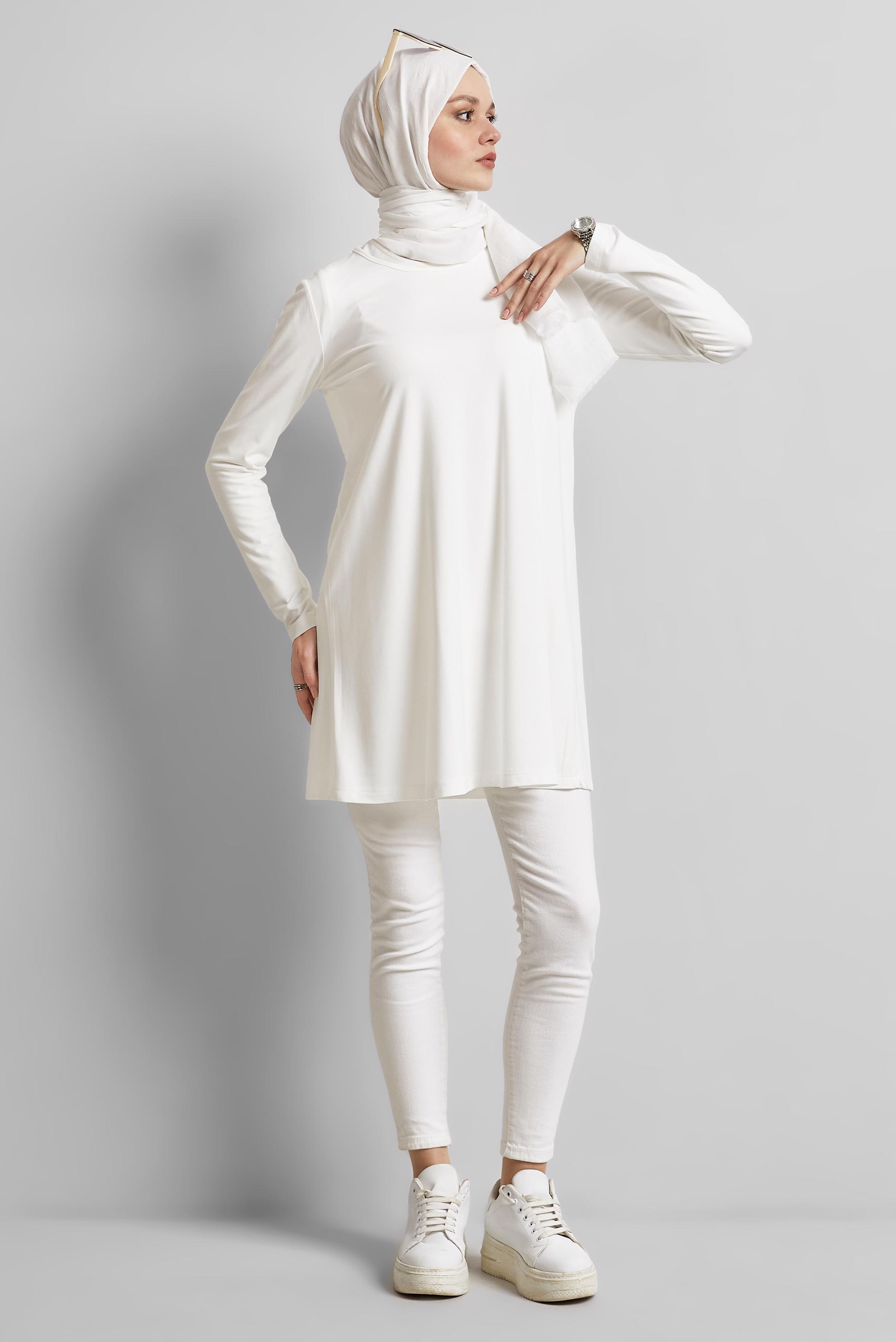 Tesettür giyim BEYAZ BİSİKLET YAKA TUNİK 45480