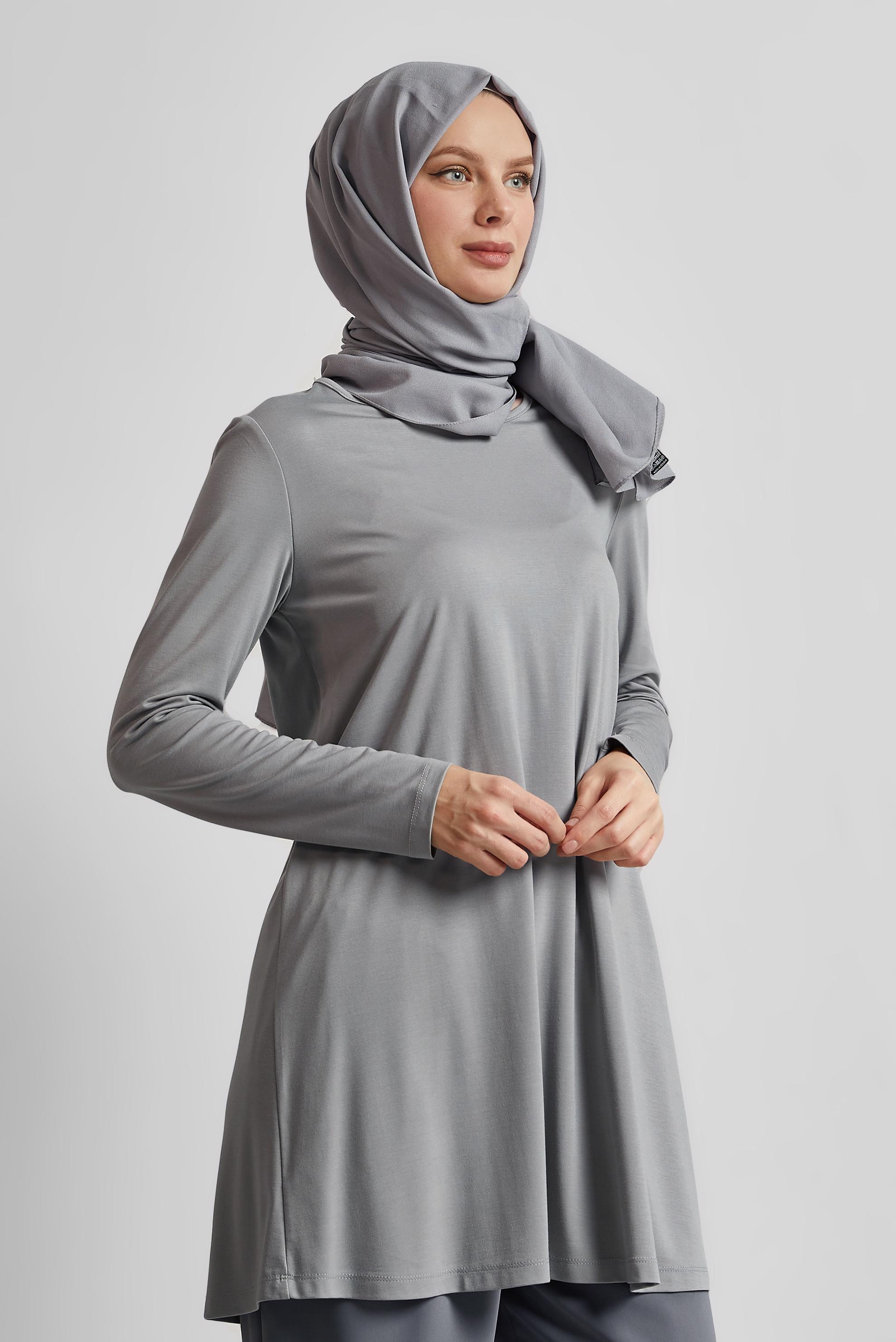 Tesettür giyim GRİ BİSİKLET YAKA TUNİK 45480