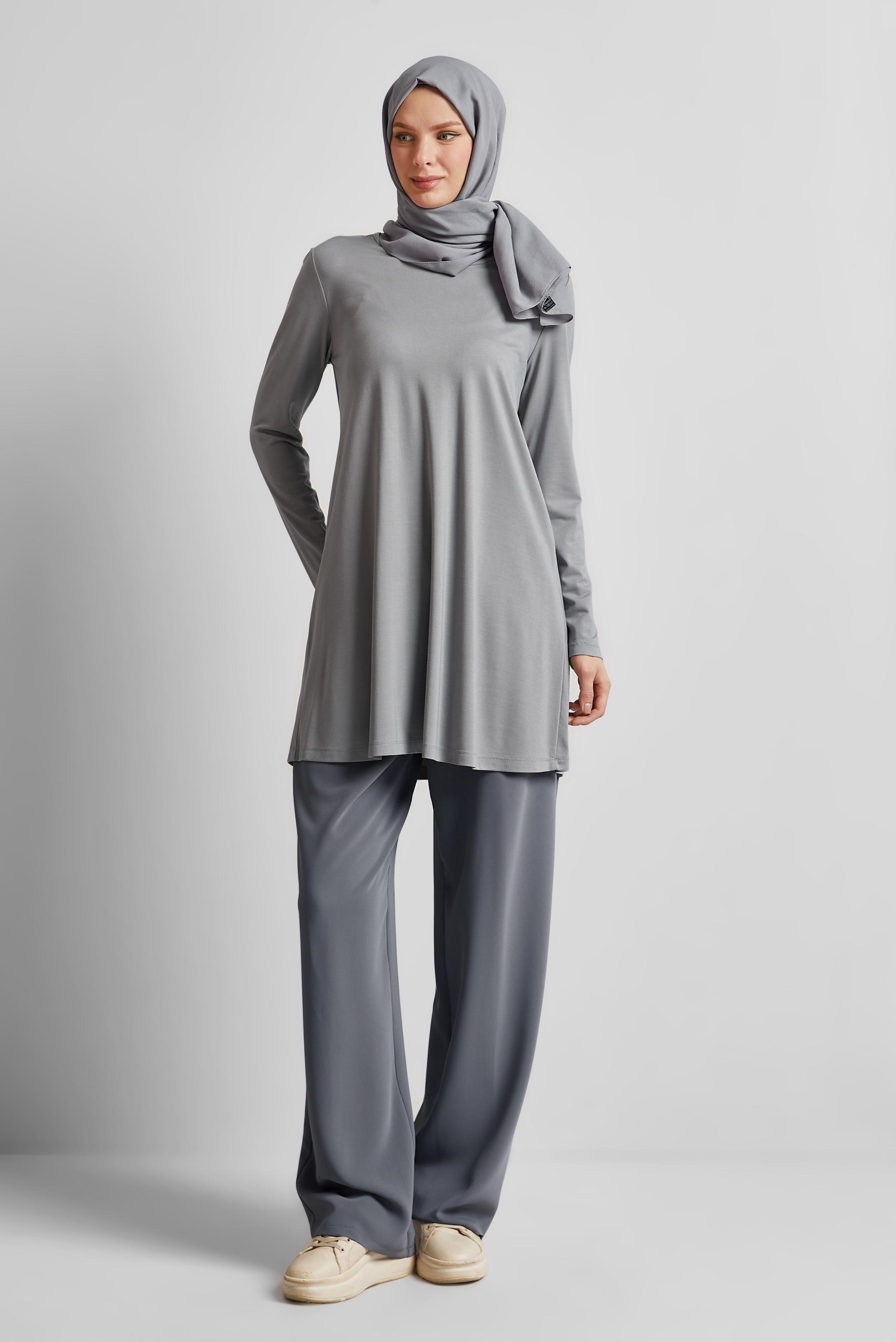 Tesettür giyim GRİ BİSİKLET YAKA TUNİK 45480