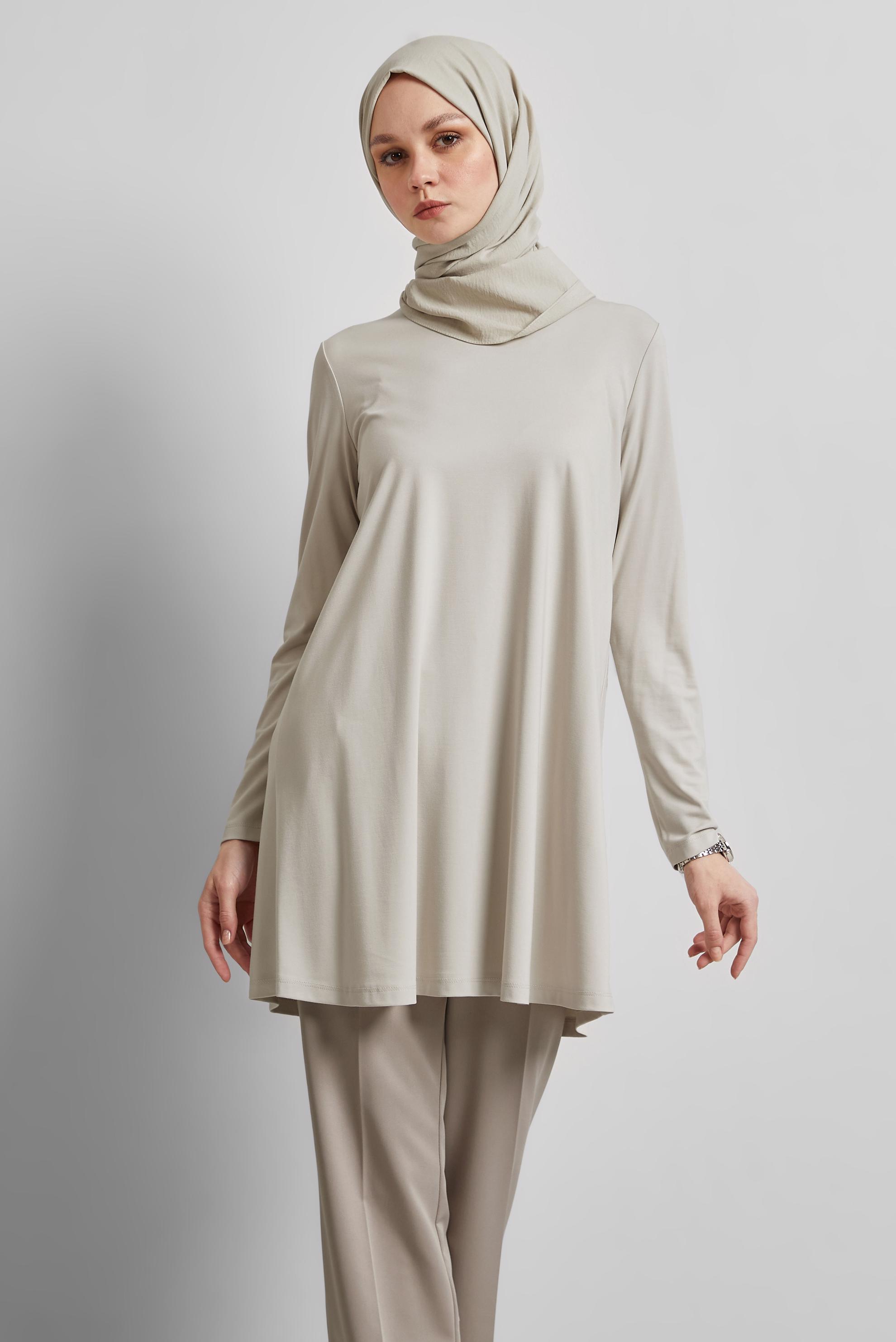 Tesettür giyim BEJ BİSİKLET YAKA TUNİK 45480