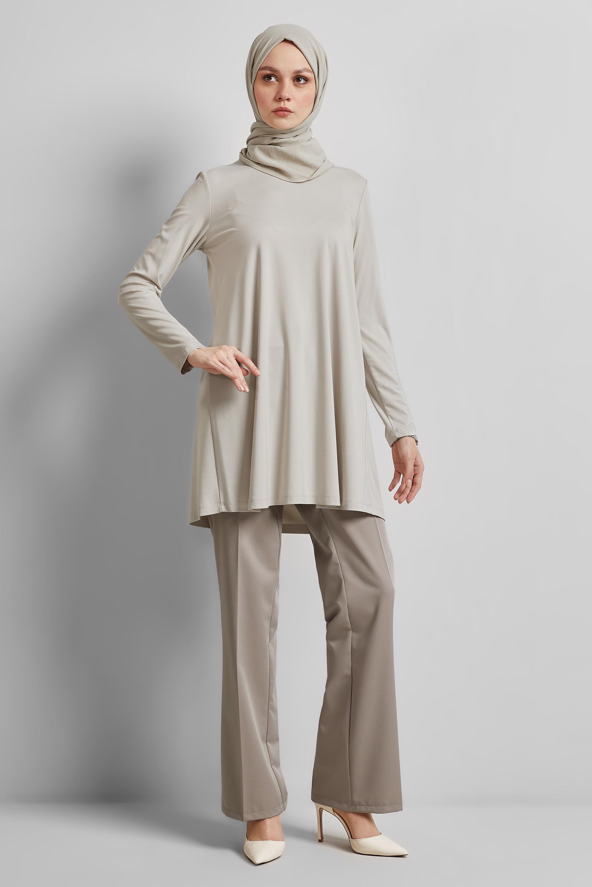 Tesettür giyim BEJ BİSİKLET YAKA TUNİK 45480