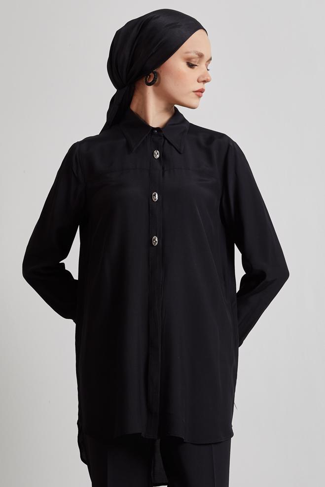 Tesettür giyim SİYAH GÖMLEK YAKA TESETTÜR TUNİK 45486 - ALVİNA