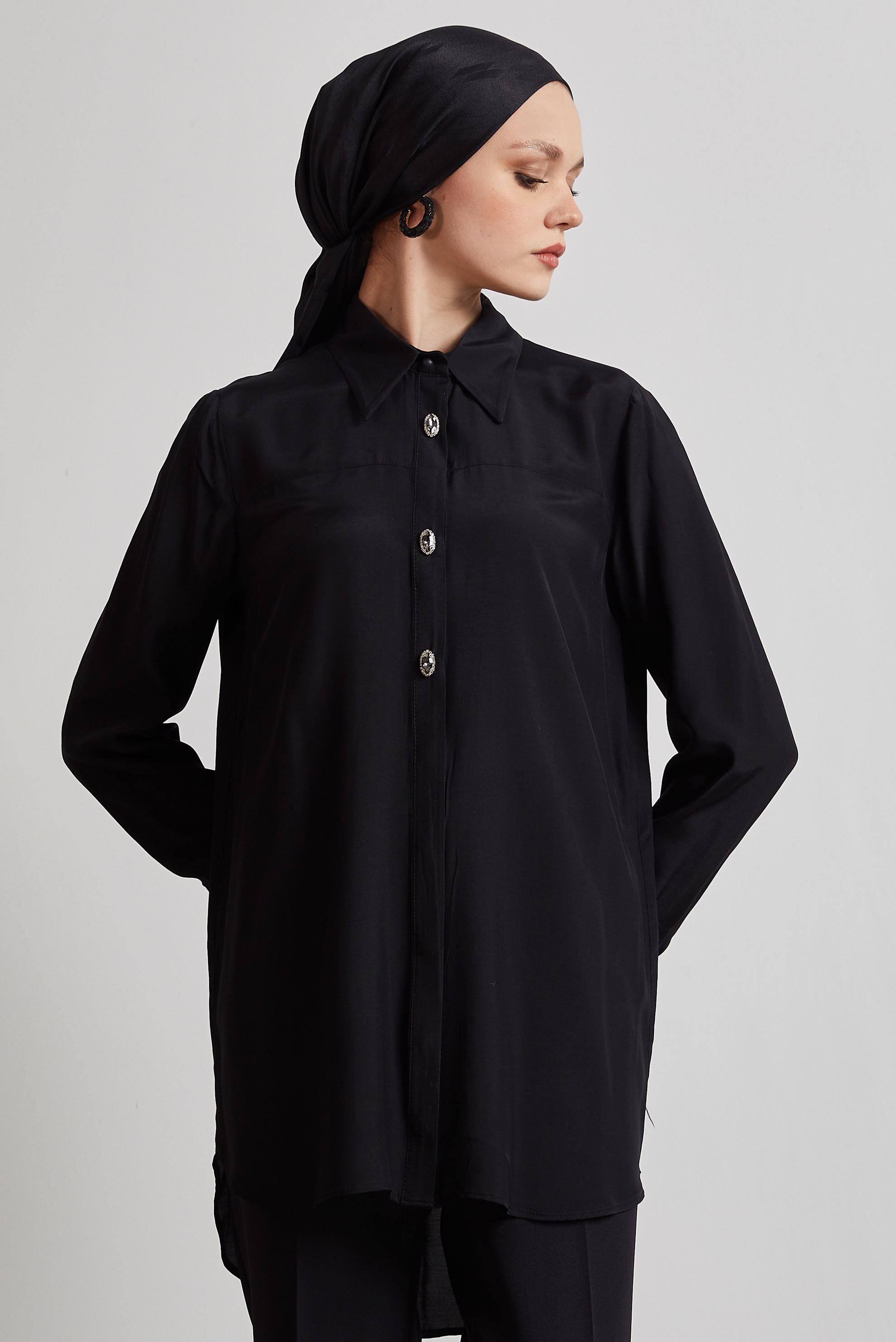 Tesettür giyim SİYAH GÖMLEK YAKA TESETTÜR TUNİK 45486