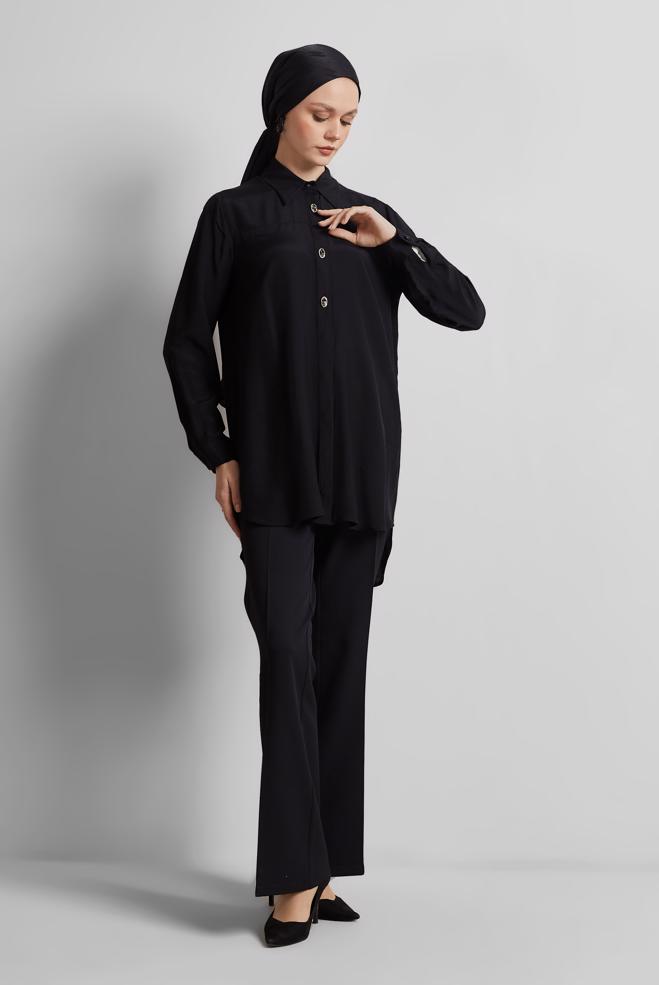 Tesettür giyim SİYAH GÖMLEK YAKA TESETTÜR TUNİK 45486 - ALVİNA