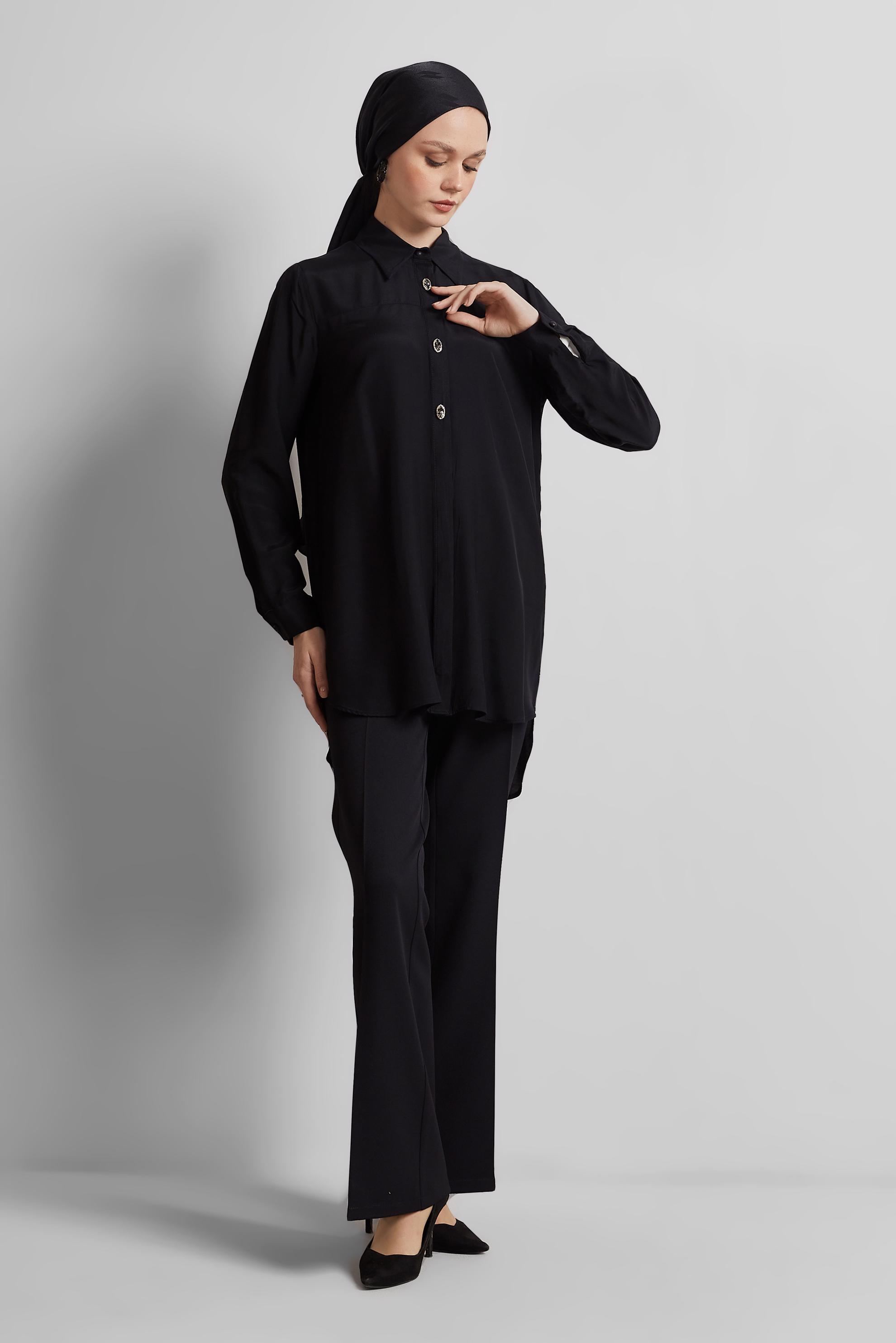 Tesettür giyim SİYAH GÖMLEK YAKA TESETTÜR TUNİK 45486