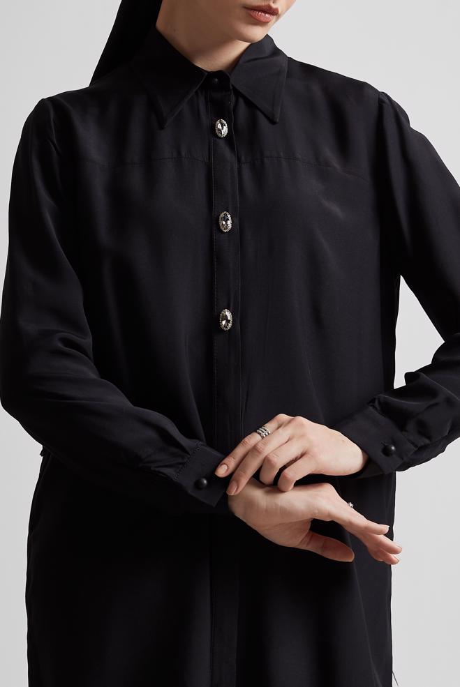 Tesettür giyim SİYAH GÖMLEK YAKA TESETTÜR TUNİK 45486 - ALVİNA