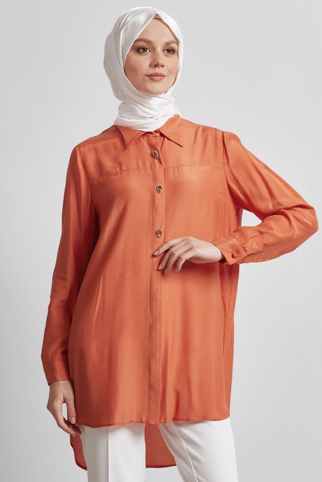 Tesettür giyim TURUNCU GÖMLEK YAKA TESETTÜR TUNİK 45486 - ALVİNA