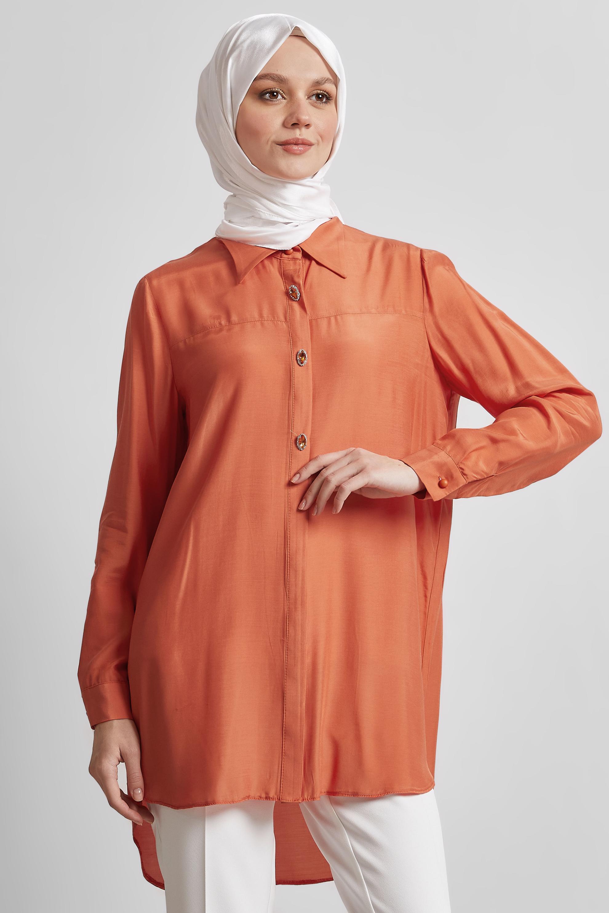 Tesettür giyim TURUNCU GÖMLEK YAKA TESETTÜR TUNİK 45486