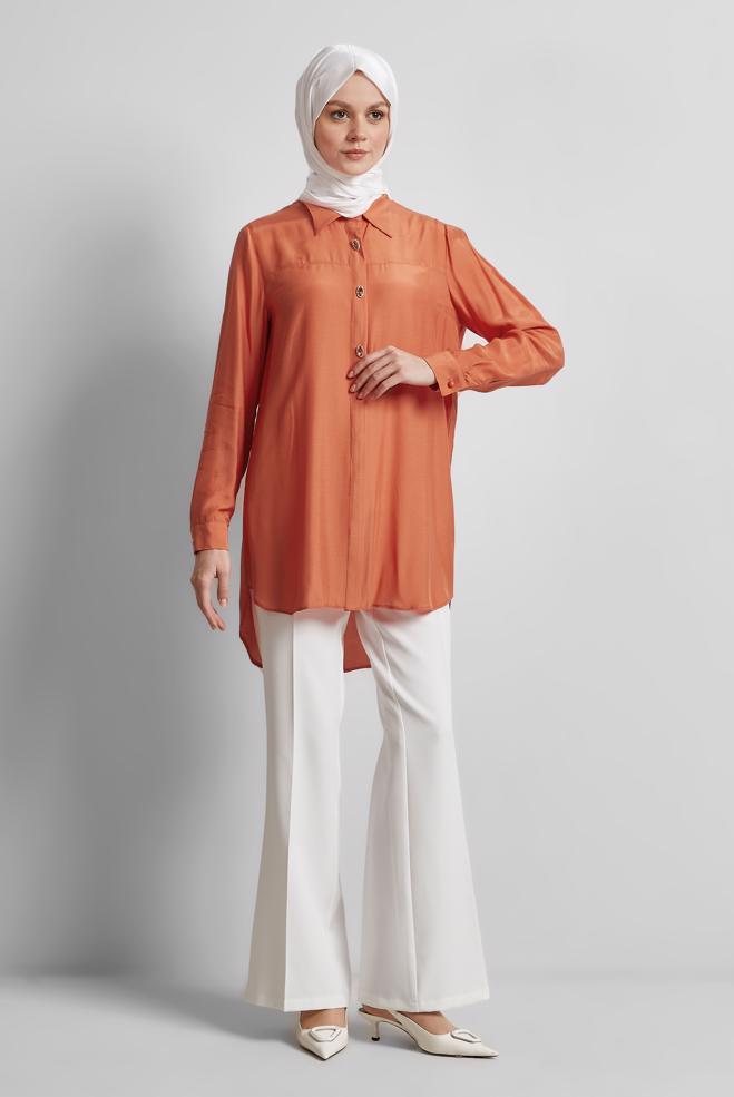 Tesettür giyim TURUNCU GÖMLEK YAKA TESETTÜR TUNİK 45486 - ALVİNA