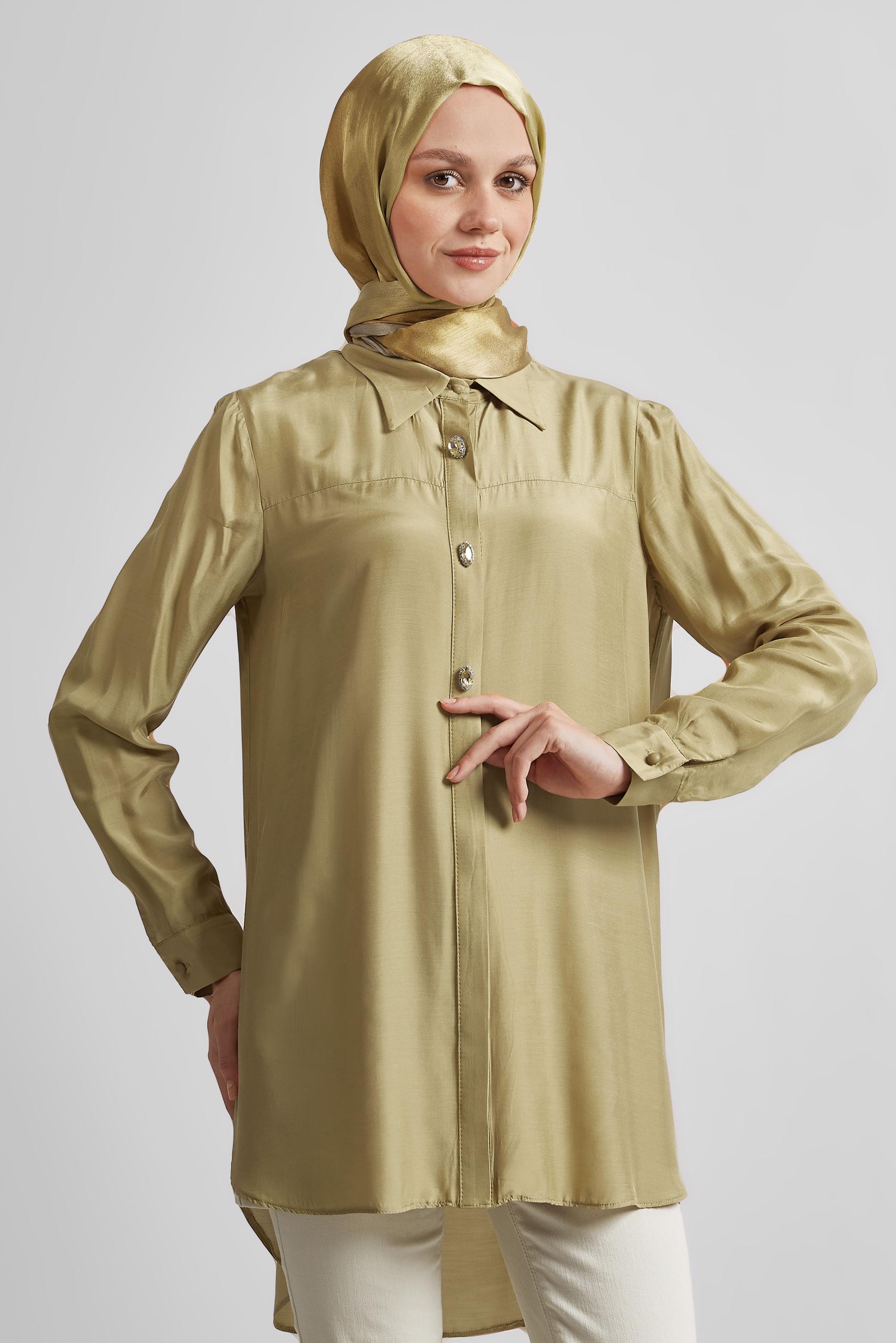 Tesettür giyim KAHVE GÖMLEK YAKA TESETTÜR TUNİK 45486