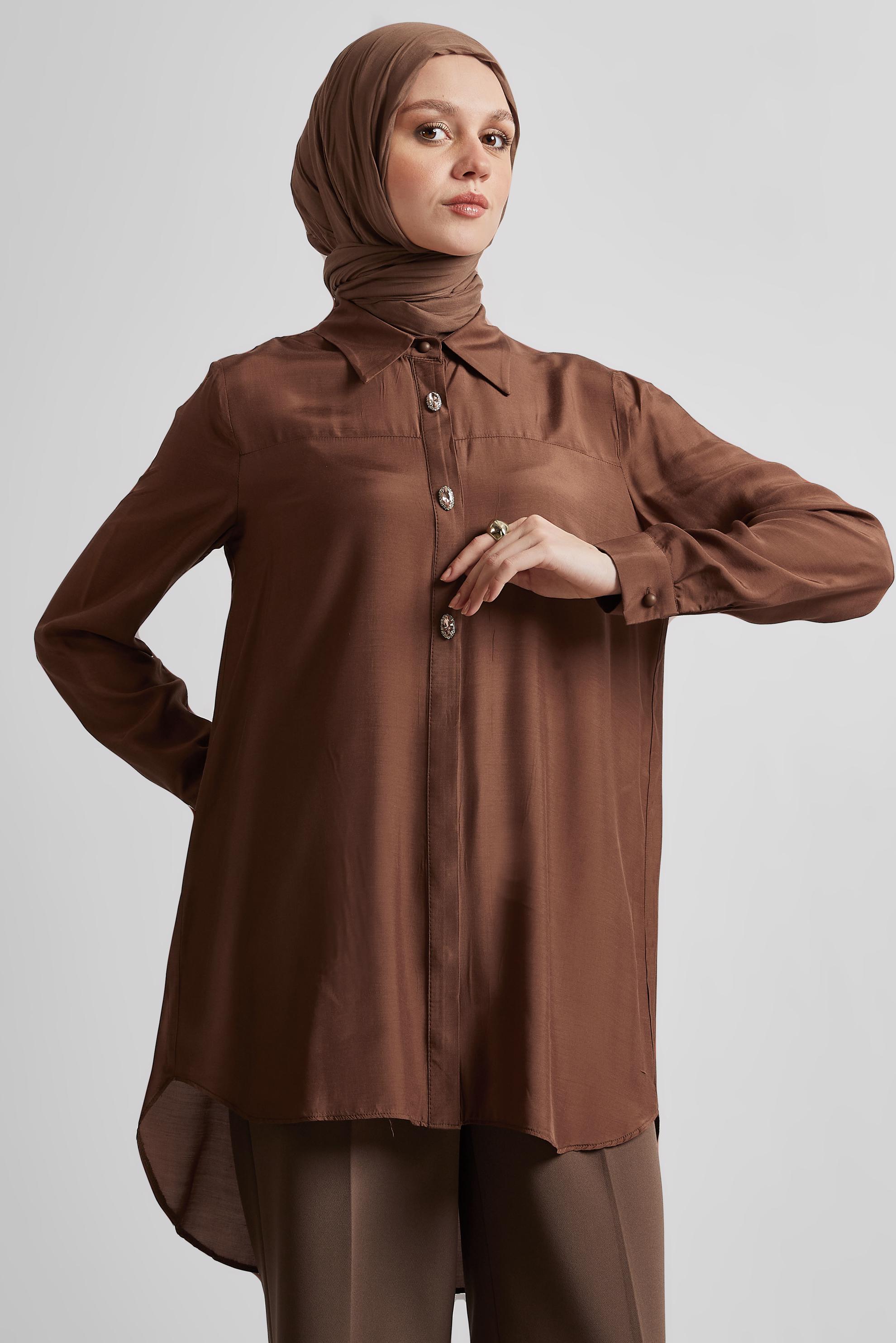 Tesettür giyim KAHVE GÖMLEK YAKA TESETTÜR TUNİK 45486