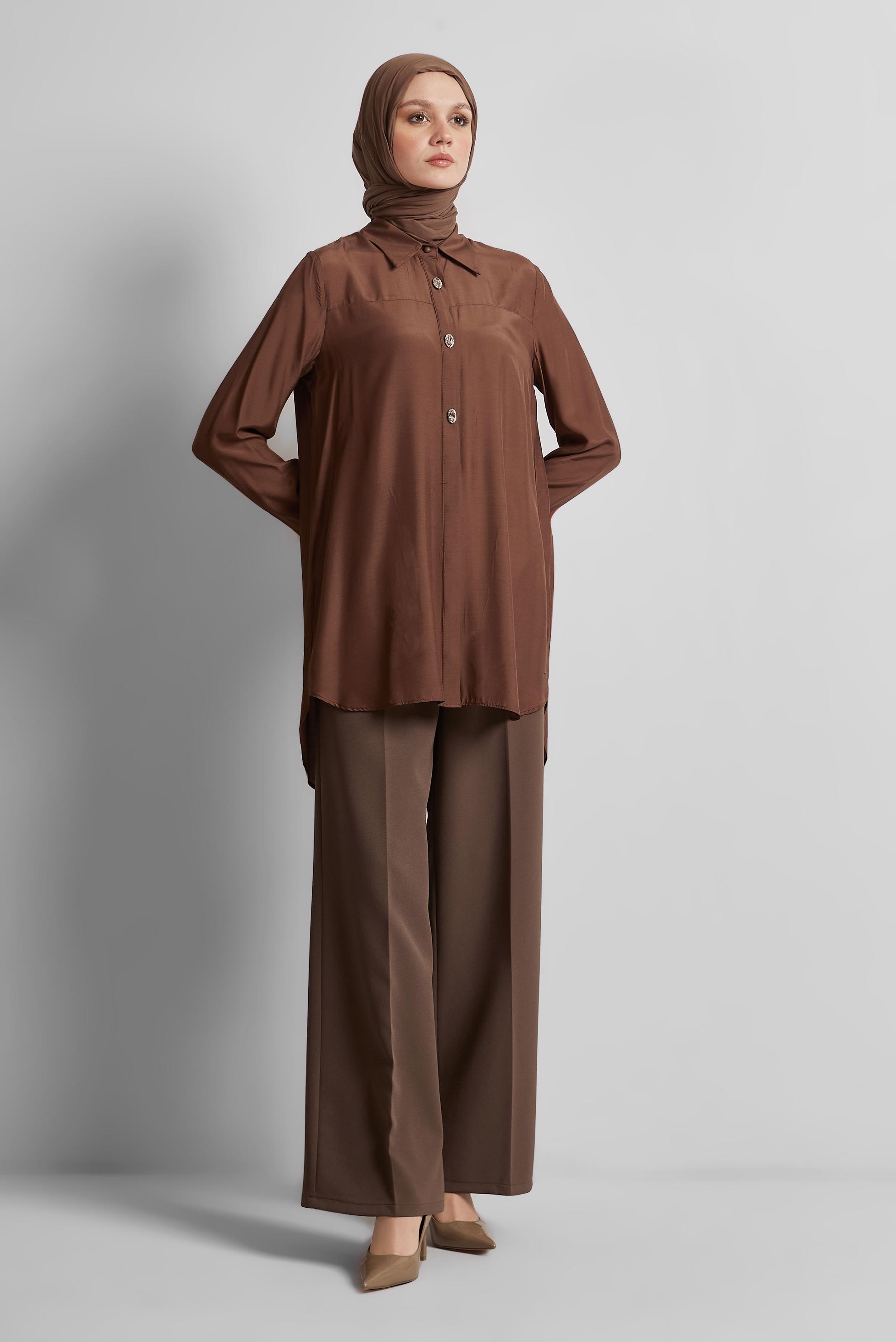 Tesettür giyim KAHVE GÖMLEK YAKA TESETTÜR TUNİK 45486