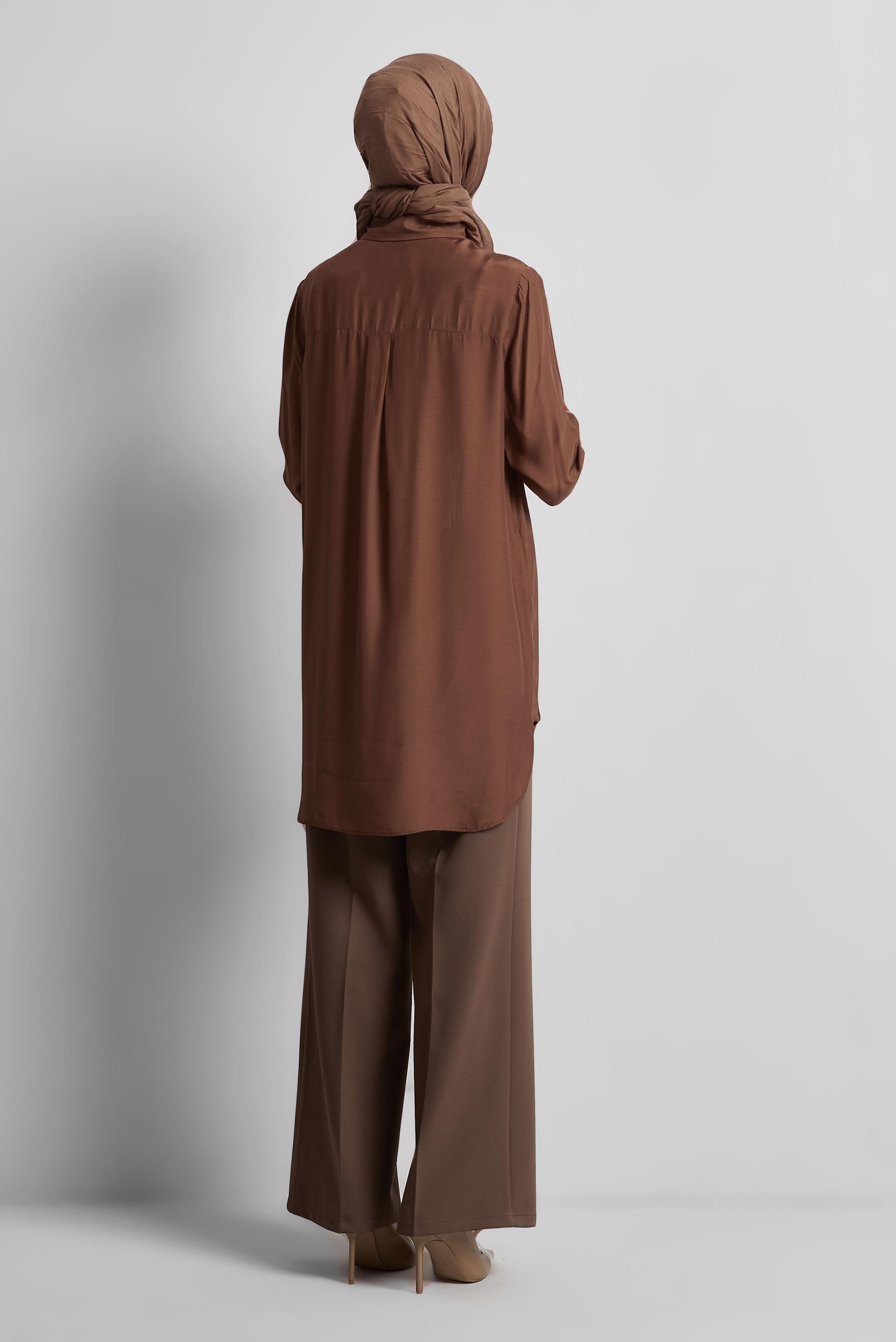Tesettür giyim KAHVE GÖMLEK YAKA TESETTÜR TUNİK 45486