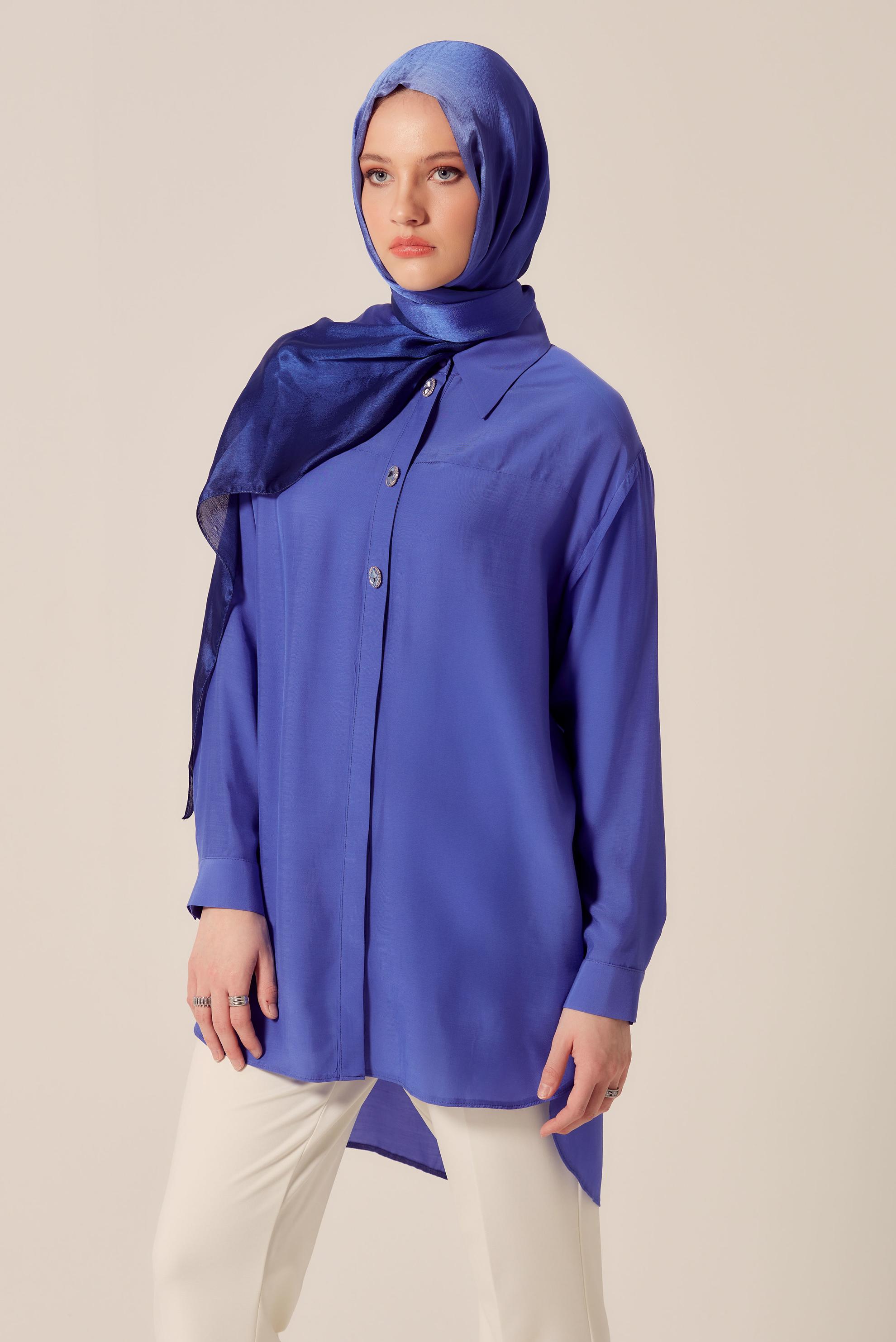 Tesettür giyim LACİVERT GÖMLEK YAKA TESETTÜR TUNİK 45486