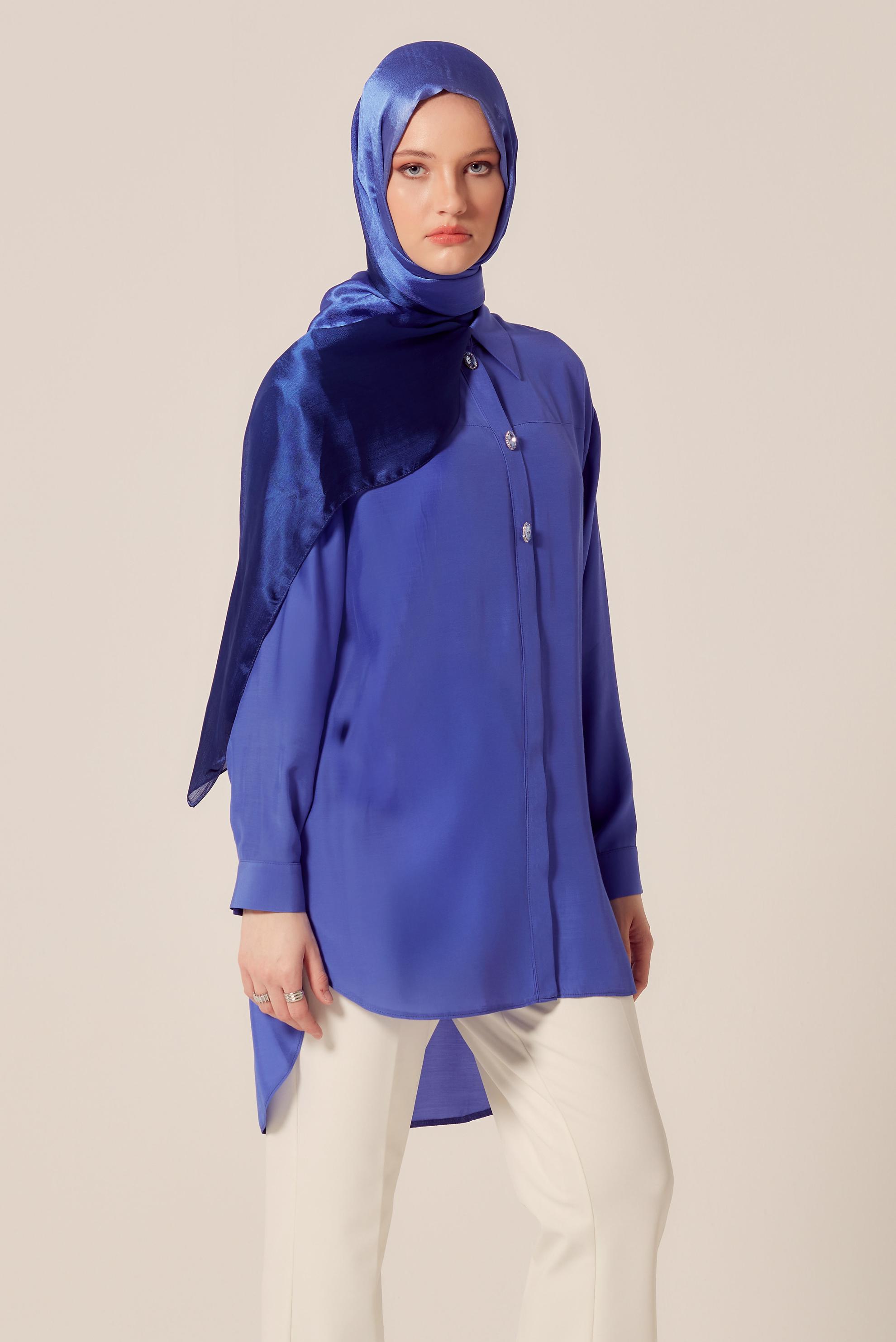 Tesettür giyim LACİVERT GÖMLEK YAKA TESETTÜR TUNİK 45486